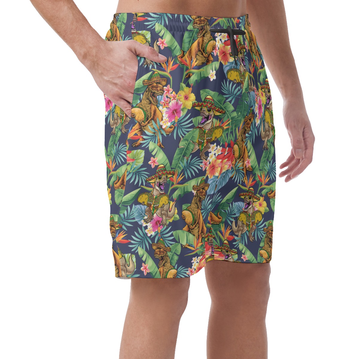 Funny Dinosaur Taco Tropical Flowers Hawaiian Beach Shorts