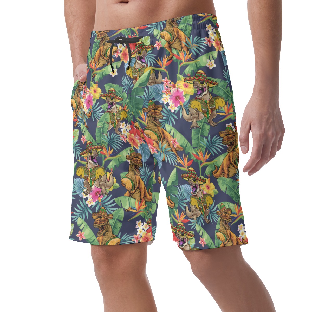 Funny Dinosaur Taco Tropical Flowers Hawaiian Beach Shorts