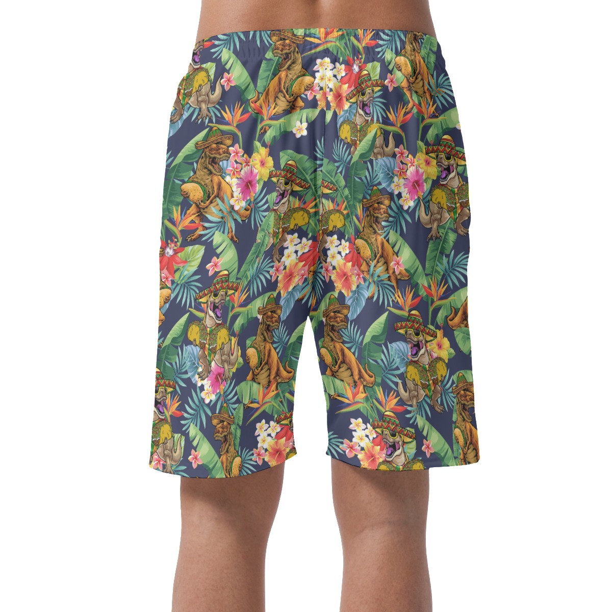 Funny Dinosaur Taco Tropical Flowers Hawaiian Beach Shorts