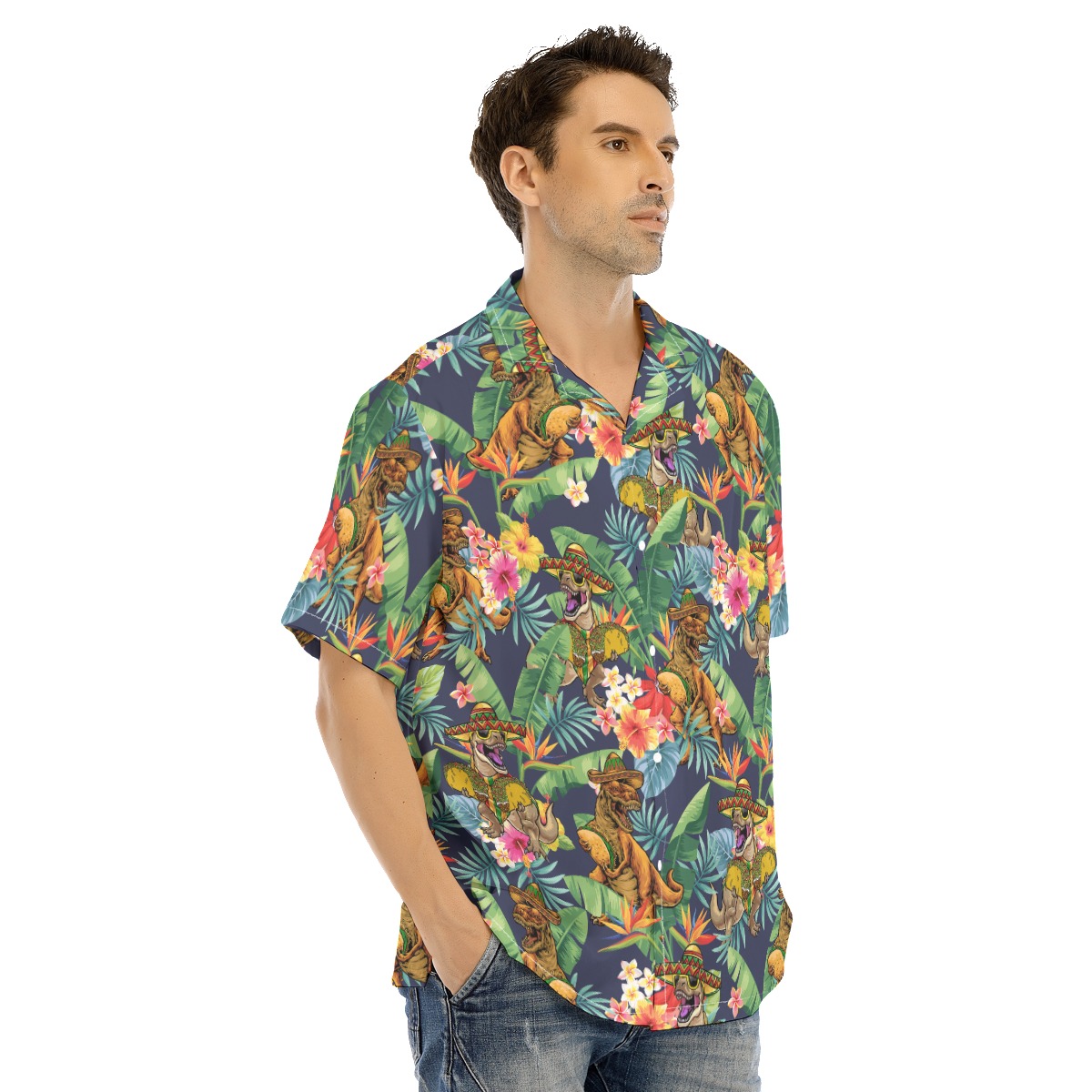 Funny Taco Dinosaur Tropical Hibiscus Hawaiian Collared Shirt