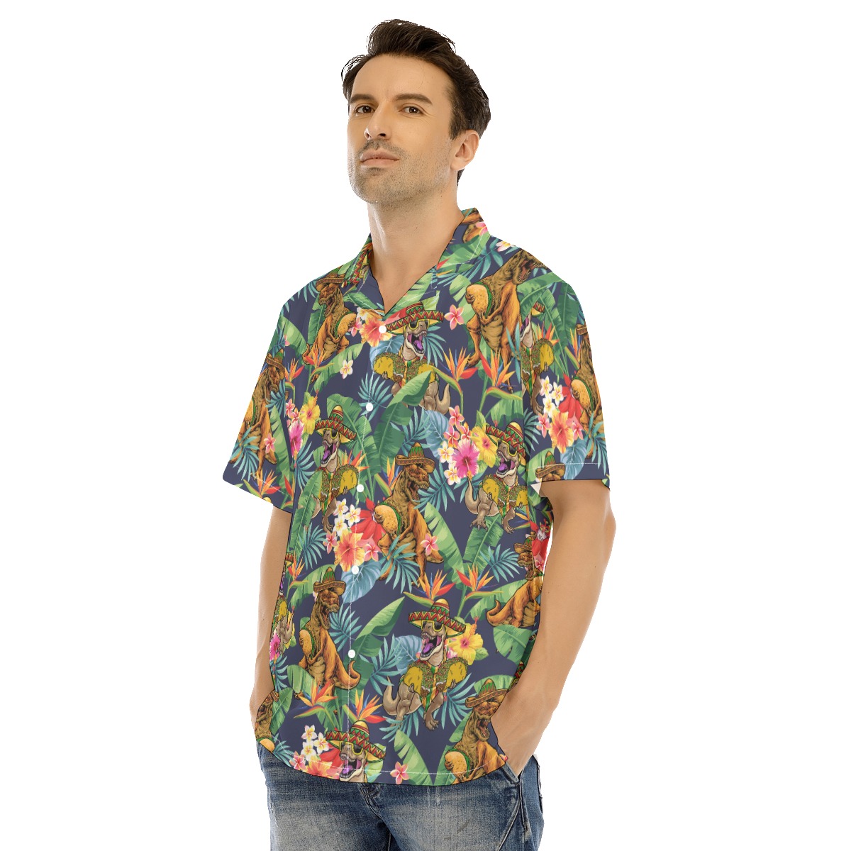 Funny Taco Dinosaur Tropical Hibiscus Hawaiian Collared Shirt