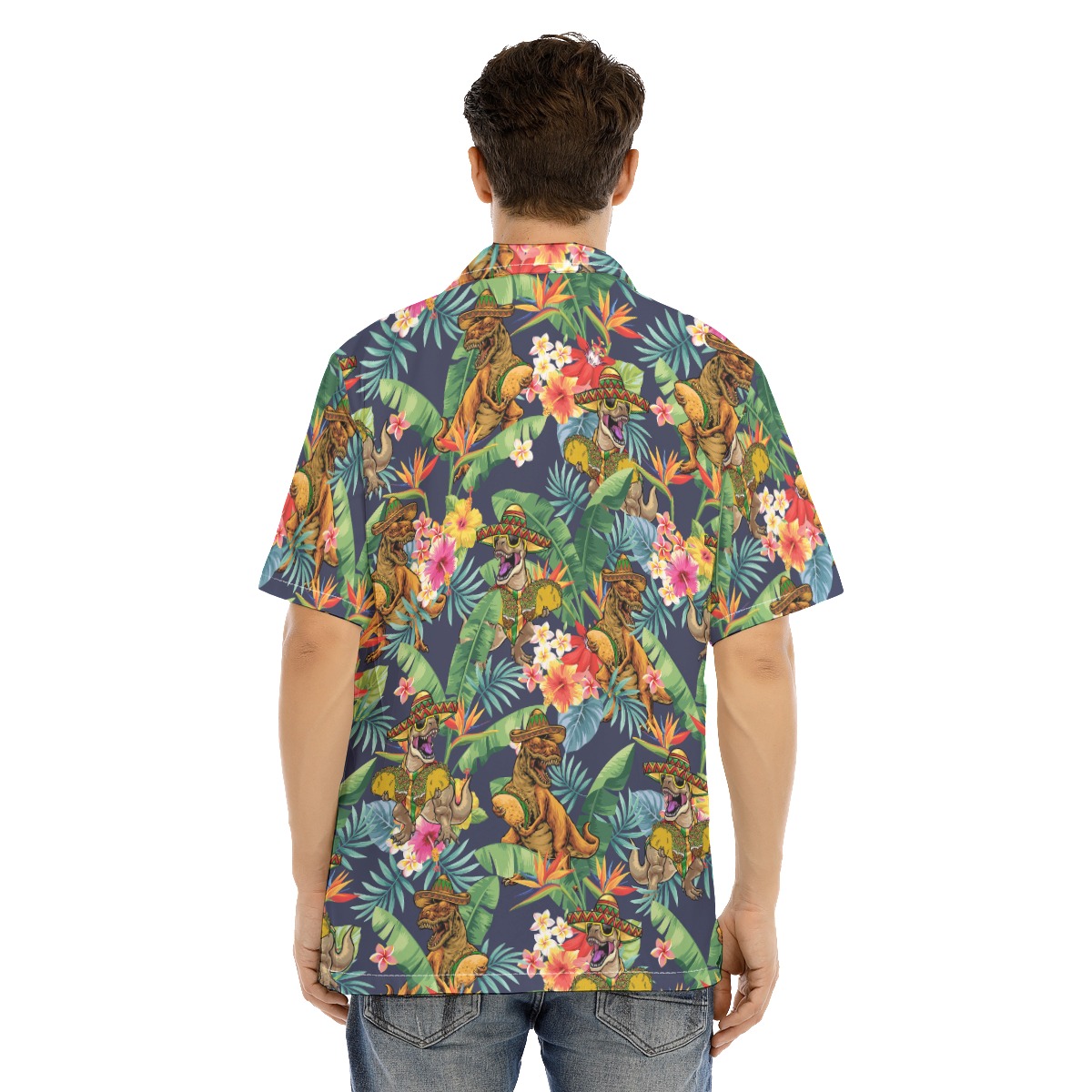 Funny Taco Dinosaur Tropical Hibiscus Hawaiian Collared Shirt