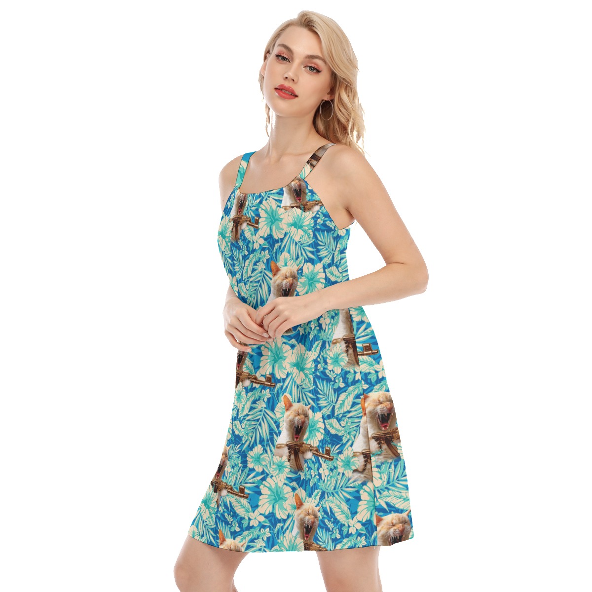 Floral Tactical Ginger Cat Blue Aloha Cami Dresses For Women