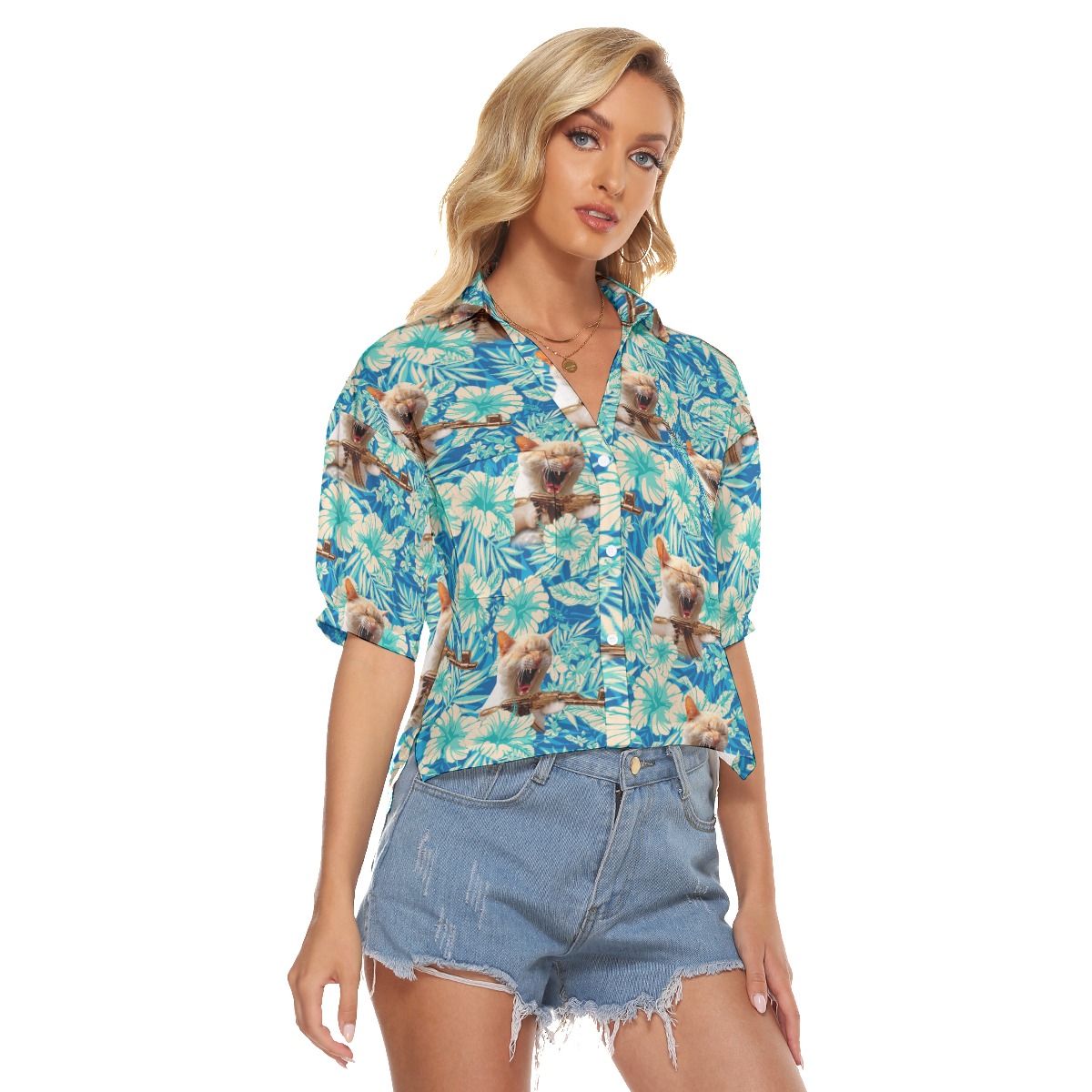 Floral Tactical Cat Gun Hawaiian Cropped Shirt For Women