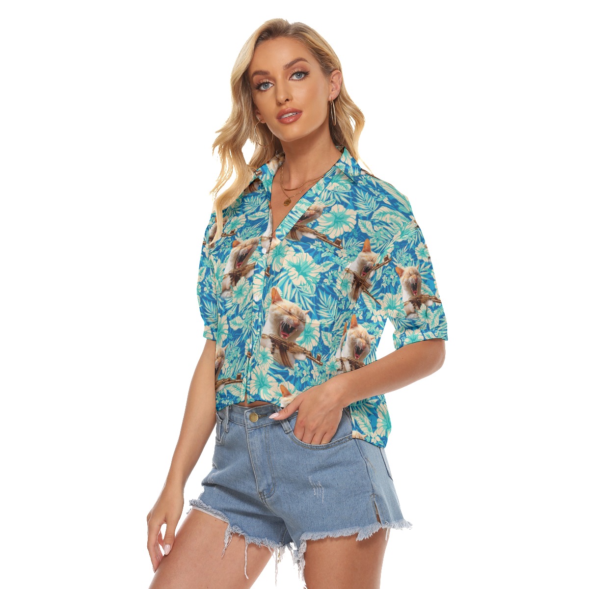 Floral Tactical Cat Gun Hawaiian Cropped Shirt For Women
