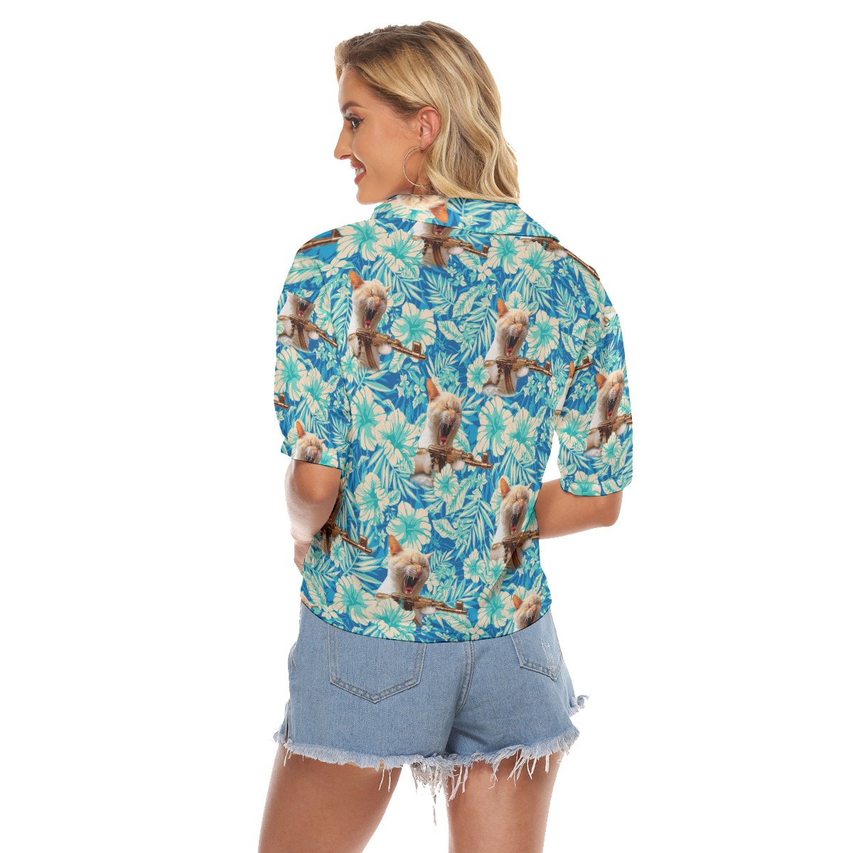 Floral Tactical Cat Gun Hawaiian Cropped Shirt For Women