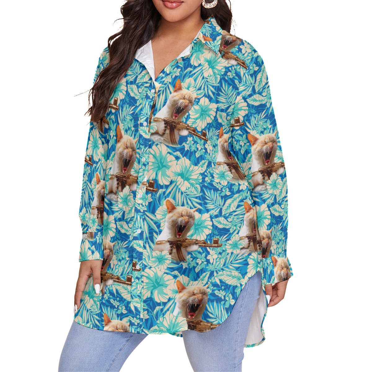 Funny Machine Gun Cat Tactical Floral Blue Hawaiian Plus Size Shirt For Women