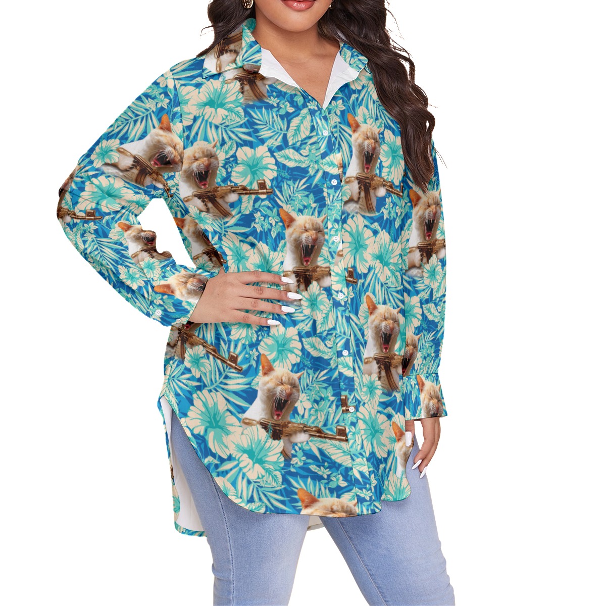 Funny Machine Gun Cat Tactical Floral Blue Hawaiian Plus Size Shirt For Women