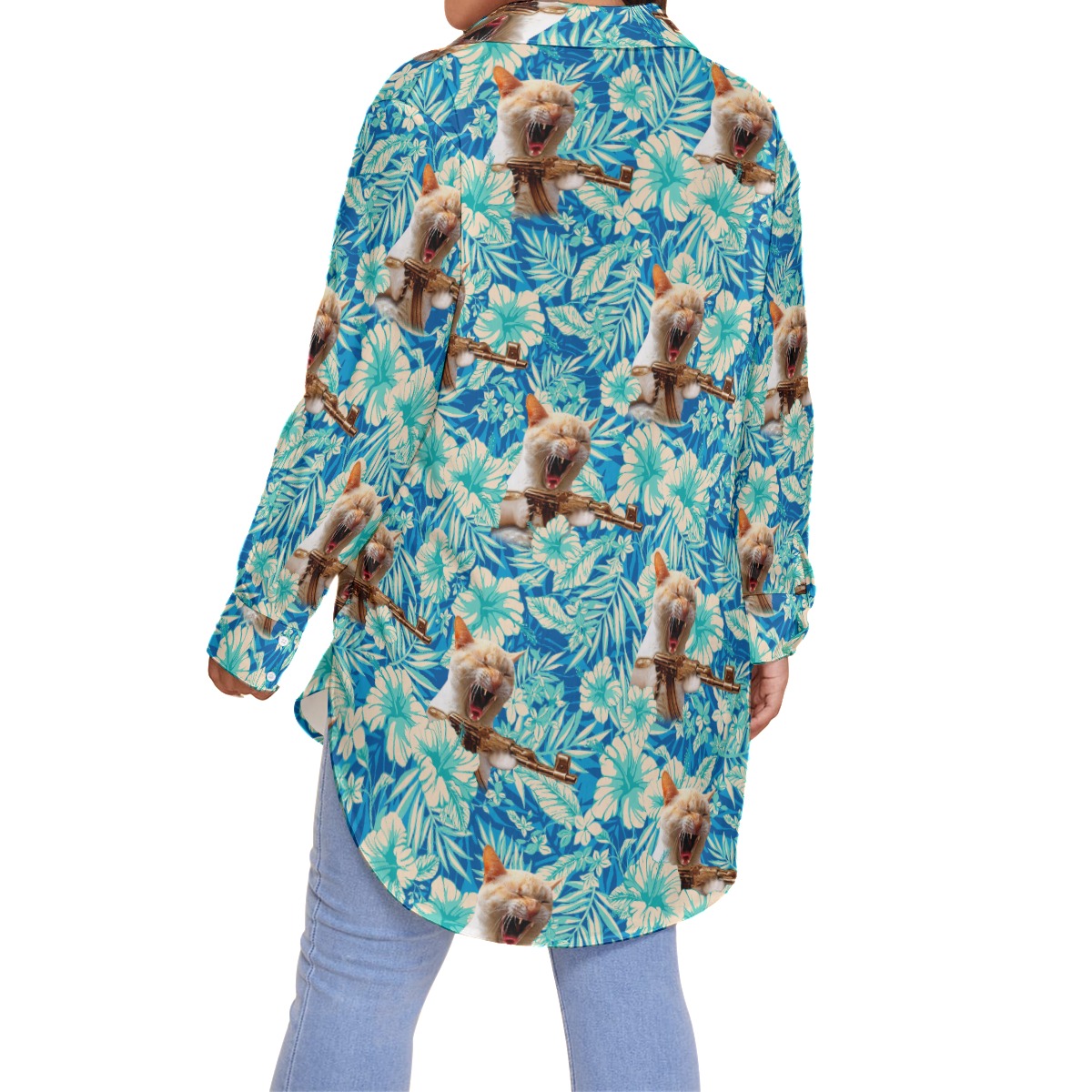 Funny Machine Gun Cat Tactical Floral Blue Hawaiian Plus Size Shirt For Women