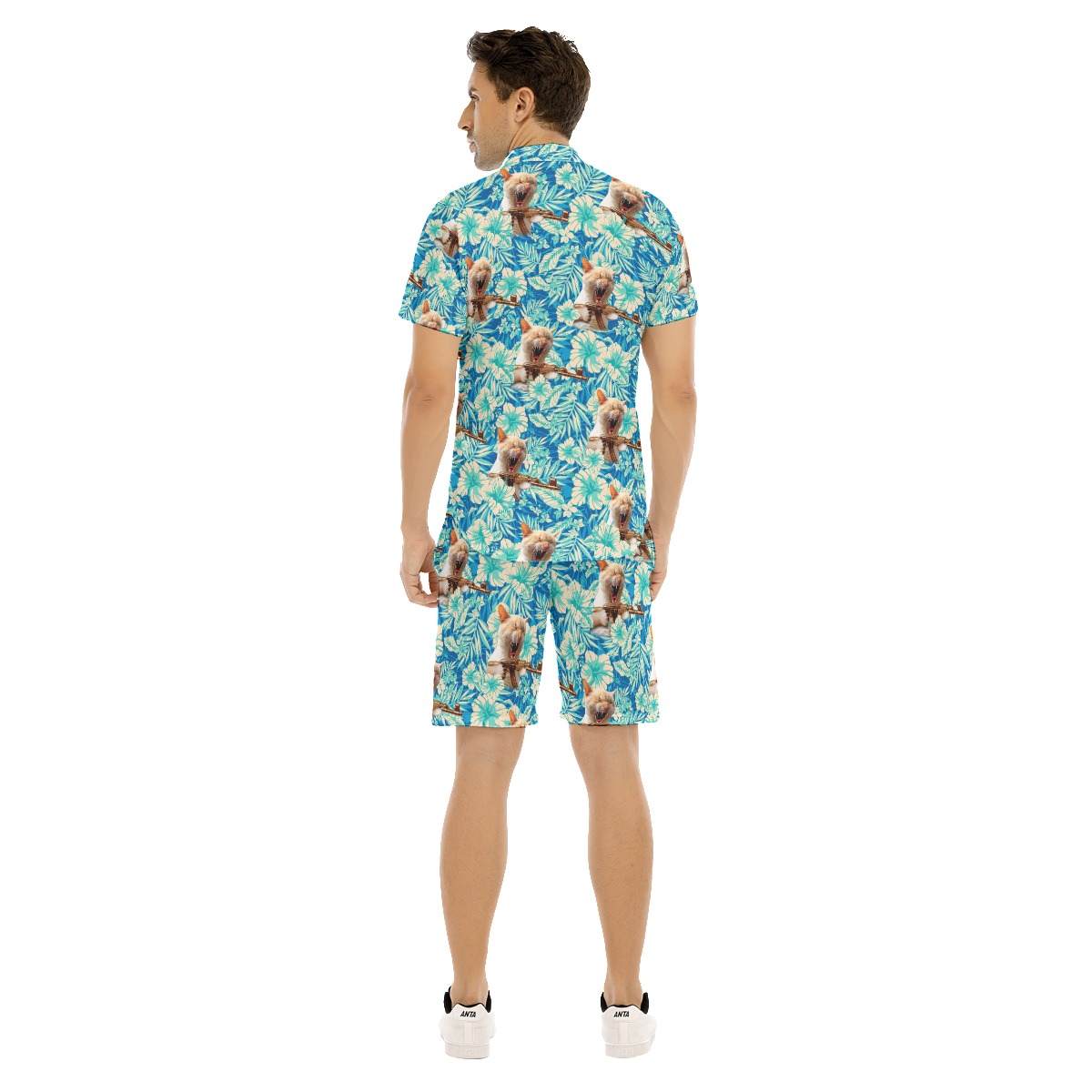 Set Tactical Cat Floral Blue Hawaiian Shirt And Matching Shorts For Men