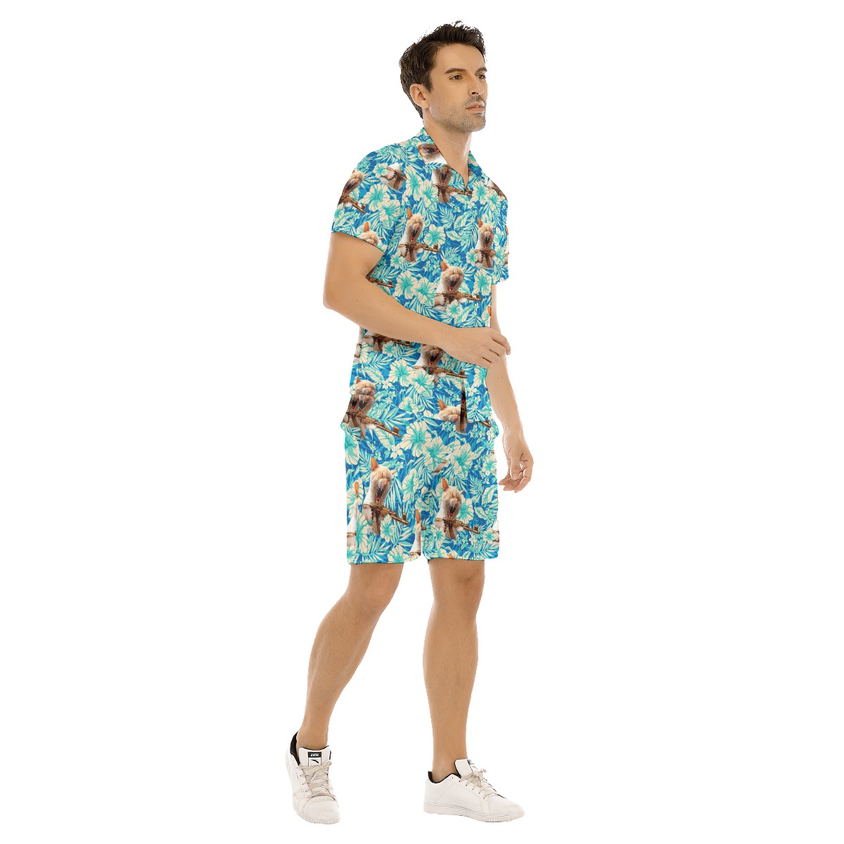 Set Tactical Cat Floral Blue Hawaiian Shirt And Matching Shorts For Men