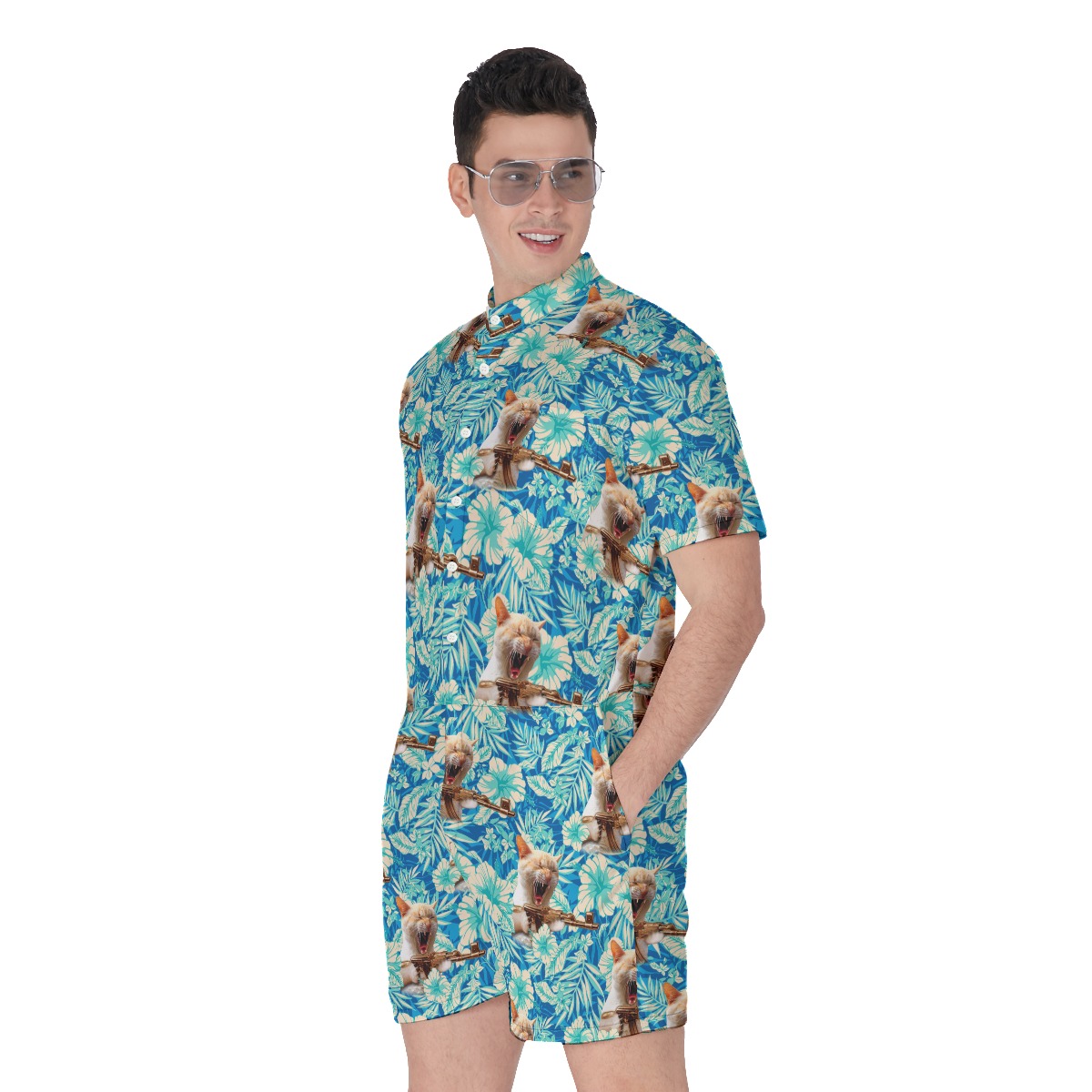 Funny Army Cat Tactical Hawaiian Romper For Men