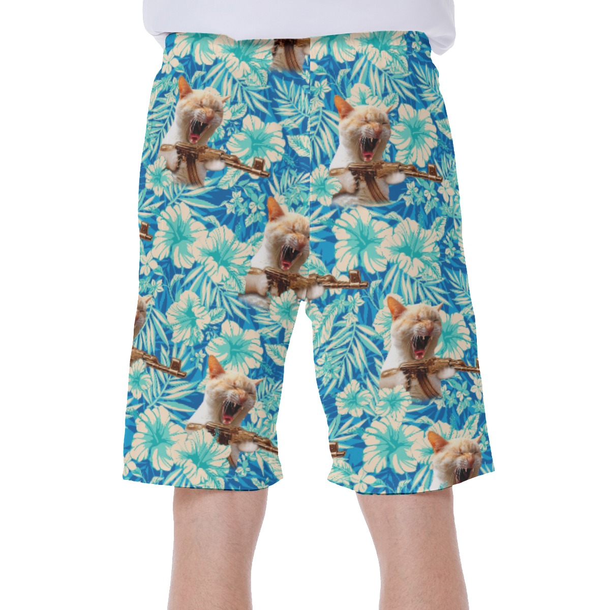 Funny Floral Amry Cat Blue Hawaiian Swim Trunks For Men
