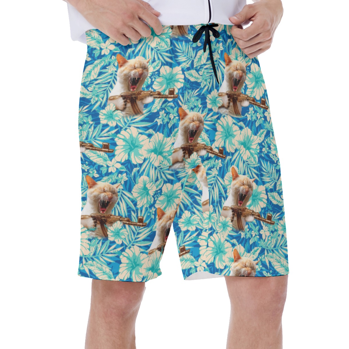 Funny Floral Amry Cat Blue Hawaiian Swim Trunks For Men