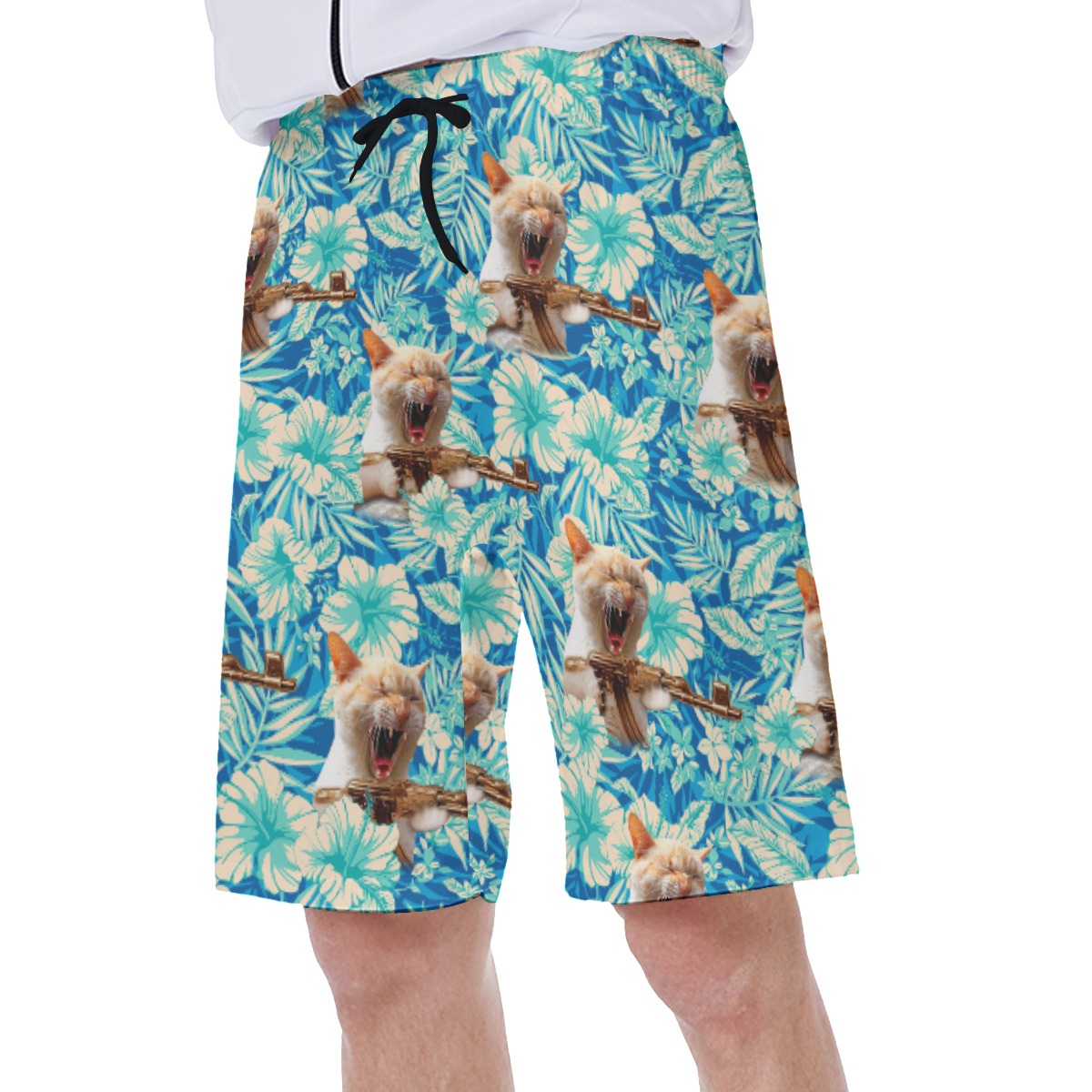Funny Floral Amry Cat Blue Hawaiian Swim Trunks For Men