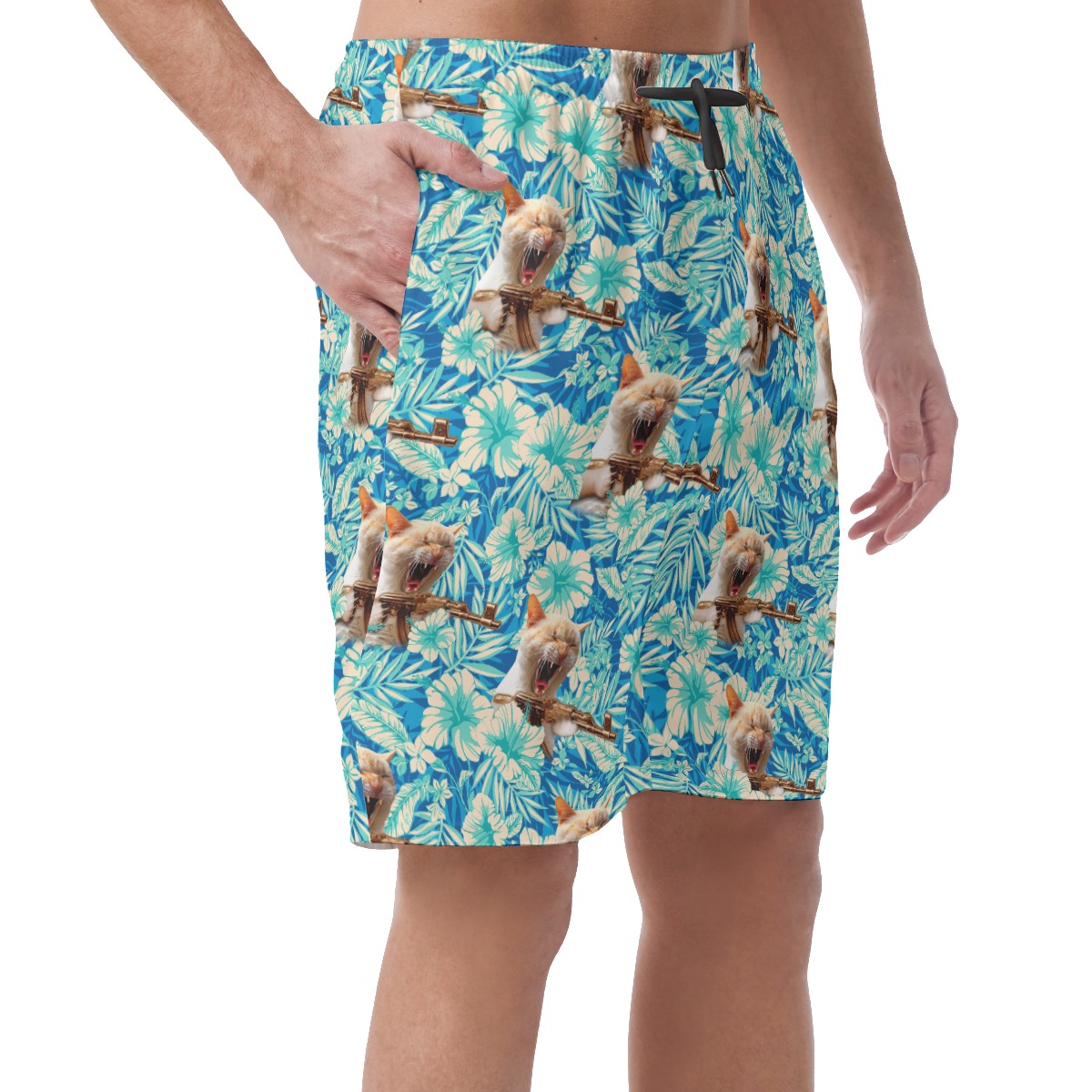 Funny Cat With Gun Floral Hawaiian Beach Shorts For Men