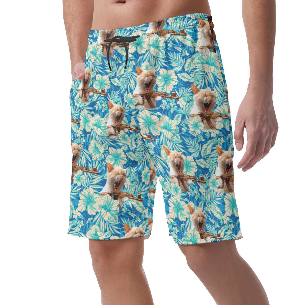 Funny Cat With Gun Floral Hawaiian Beach Shorts For Men