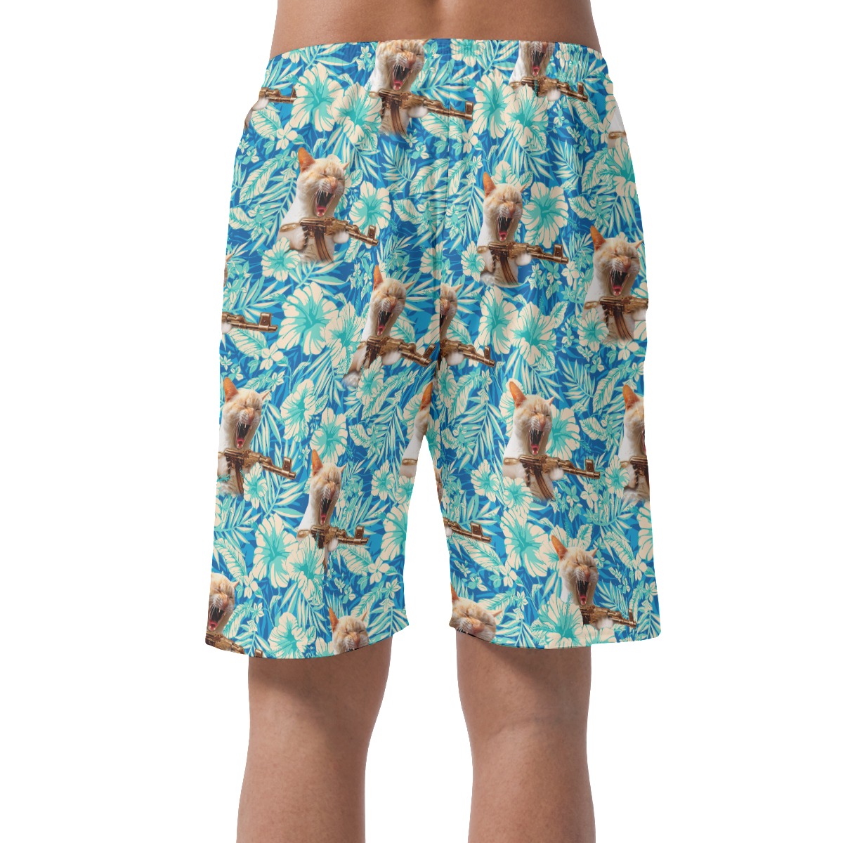 Funny Cat With Gun Floral Hawaiian Beach Shorts For Men