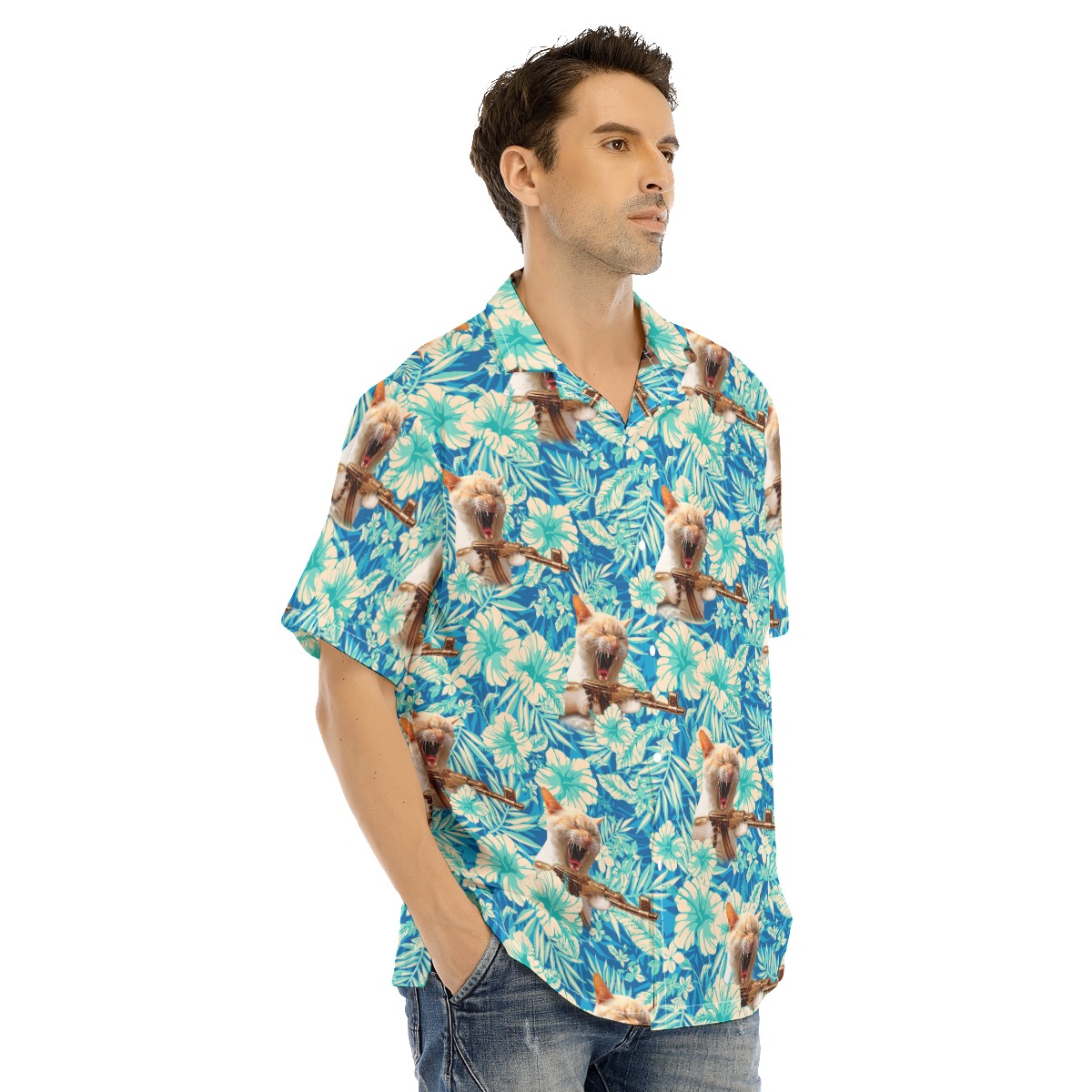 Machine Gun Cat Tactical Blue Hawaiian Shirt