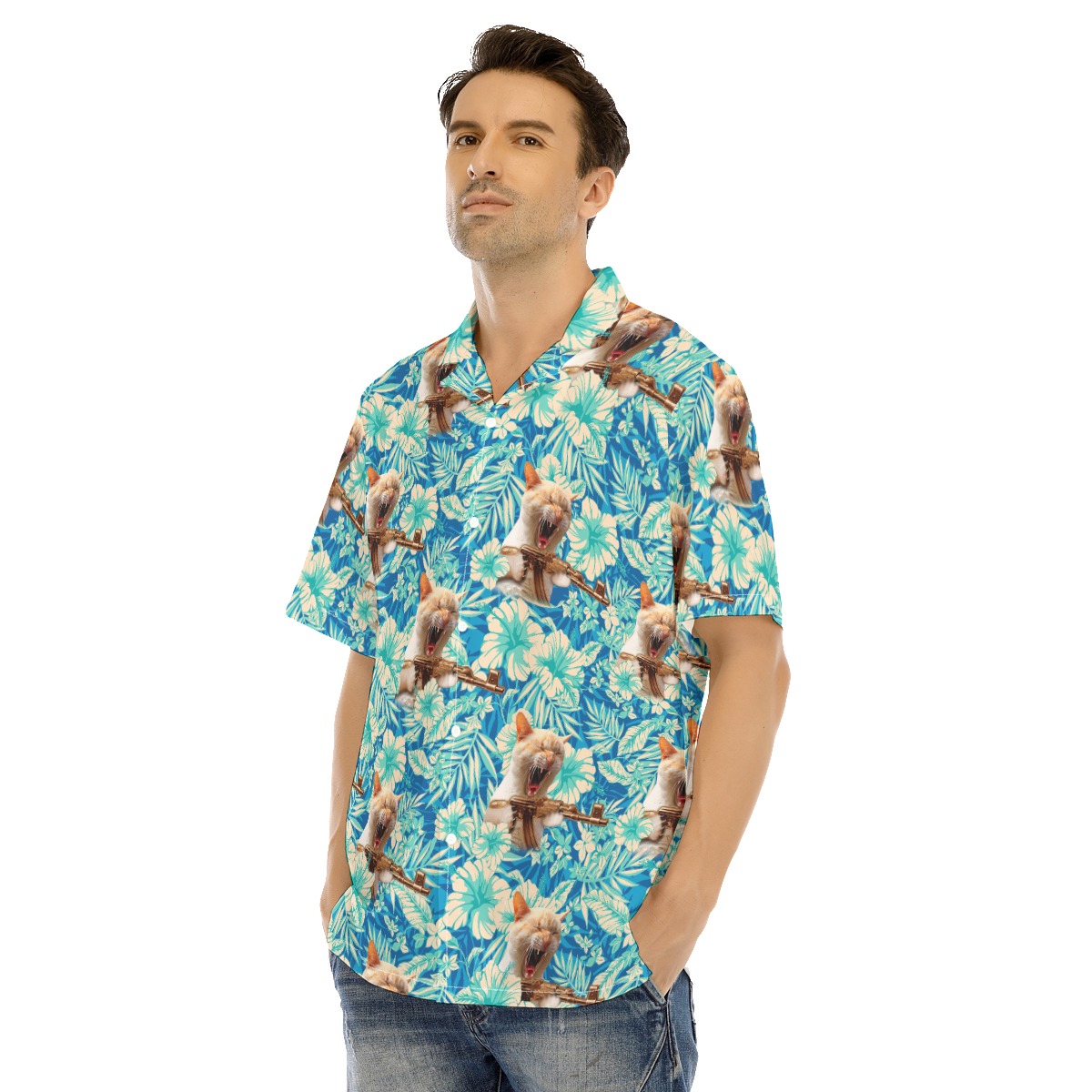 Machine Gun Cat Tactical Blue Hawaiian Shirt