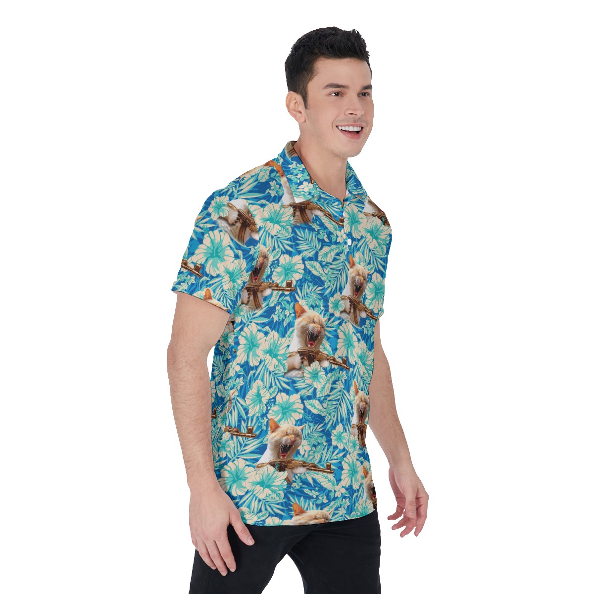Funny Tactical Cat With Gun Blue Floral Hawaiian Men's Polo Shirt