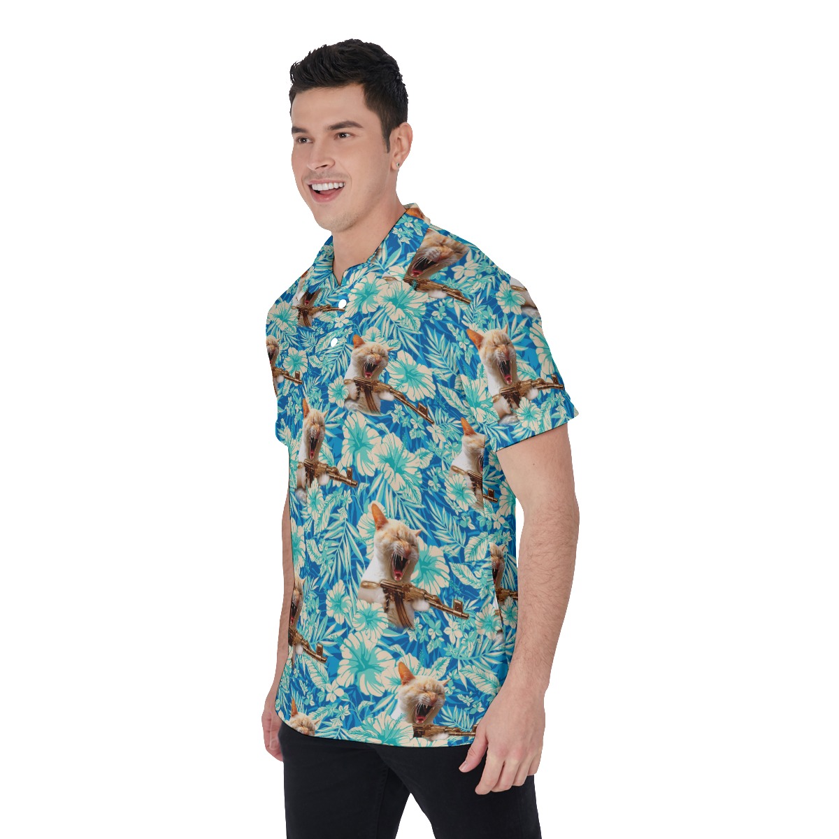 Funny Tactical Cat With Gun Blue Floral Hawaiian Men's Polo Shirt