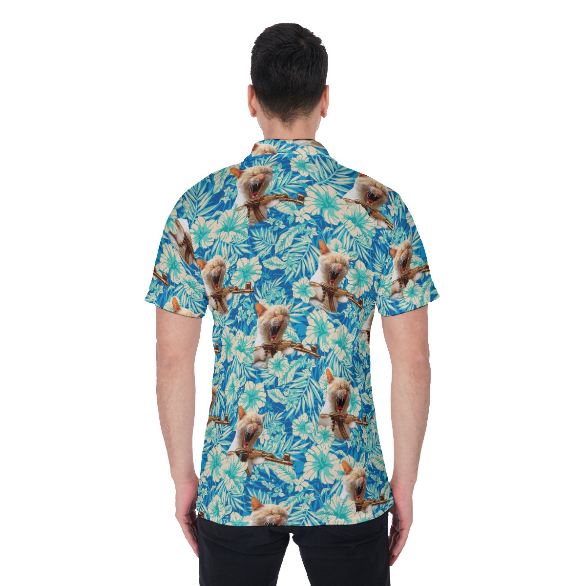 Funny Tactical Cat With Gun Blue Floral Hawaiian Men's Polo Shirt