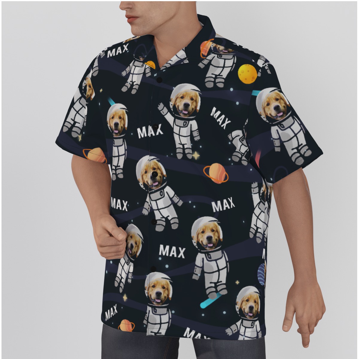 Custom Dog Face And Name Astronaut In Space Men's Hawaiian Shirts