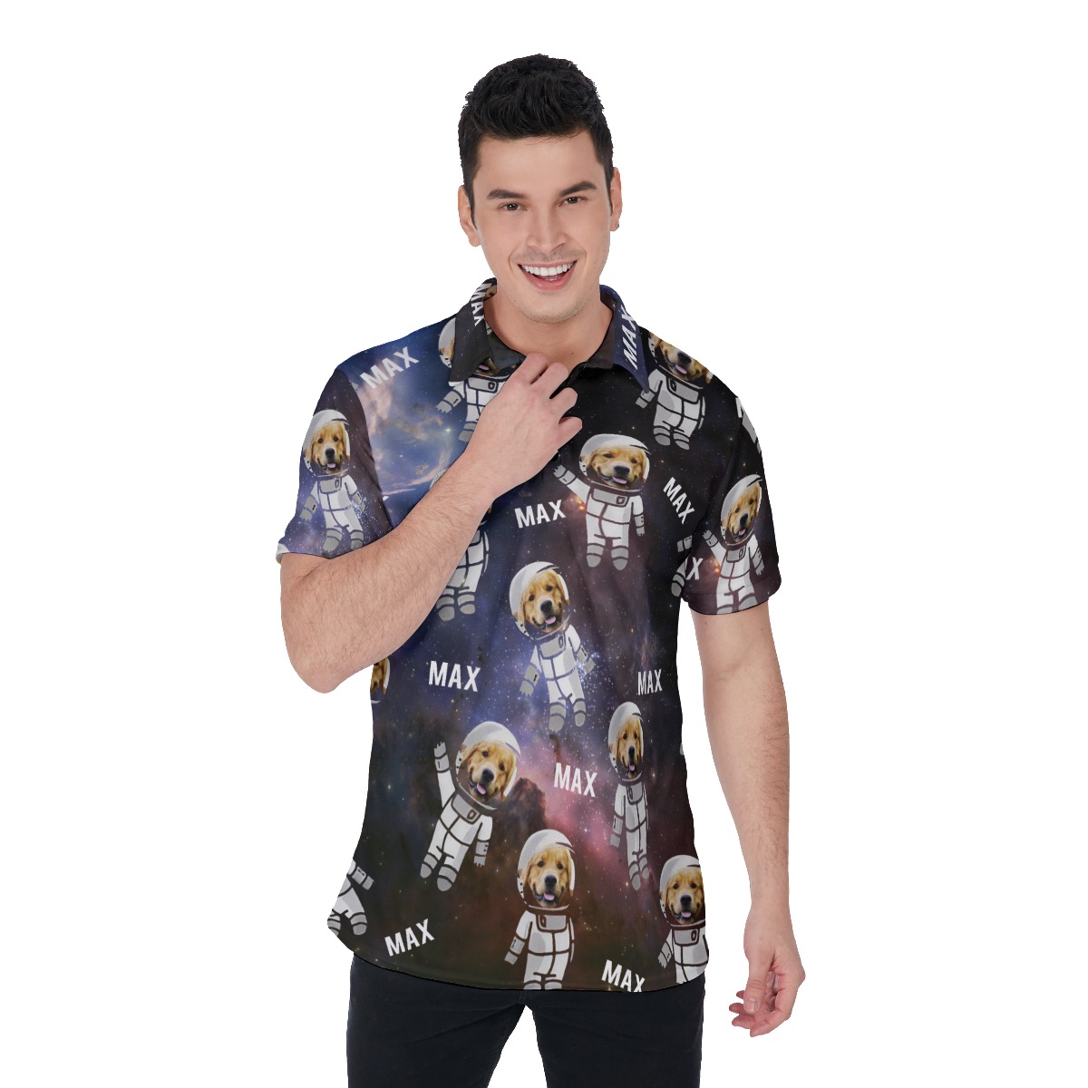 Customize Astronaut Dog Face Hawaiian Men's Polo Shirt - variant image 1
