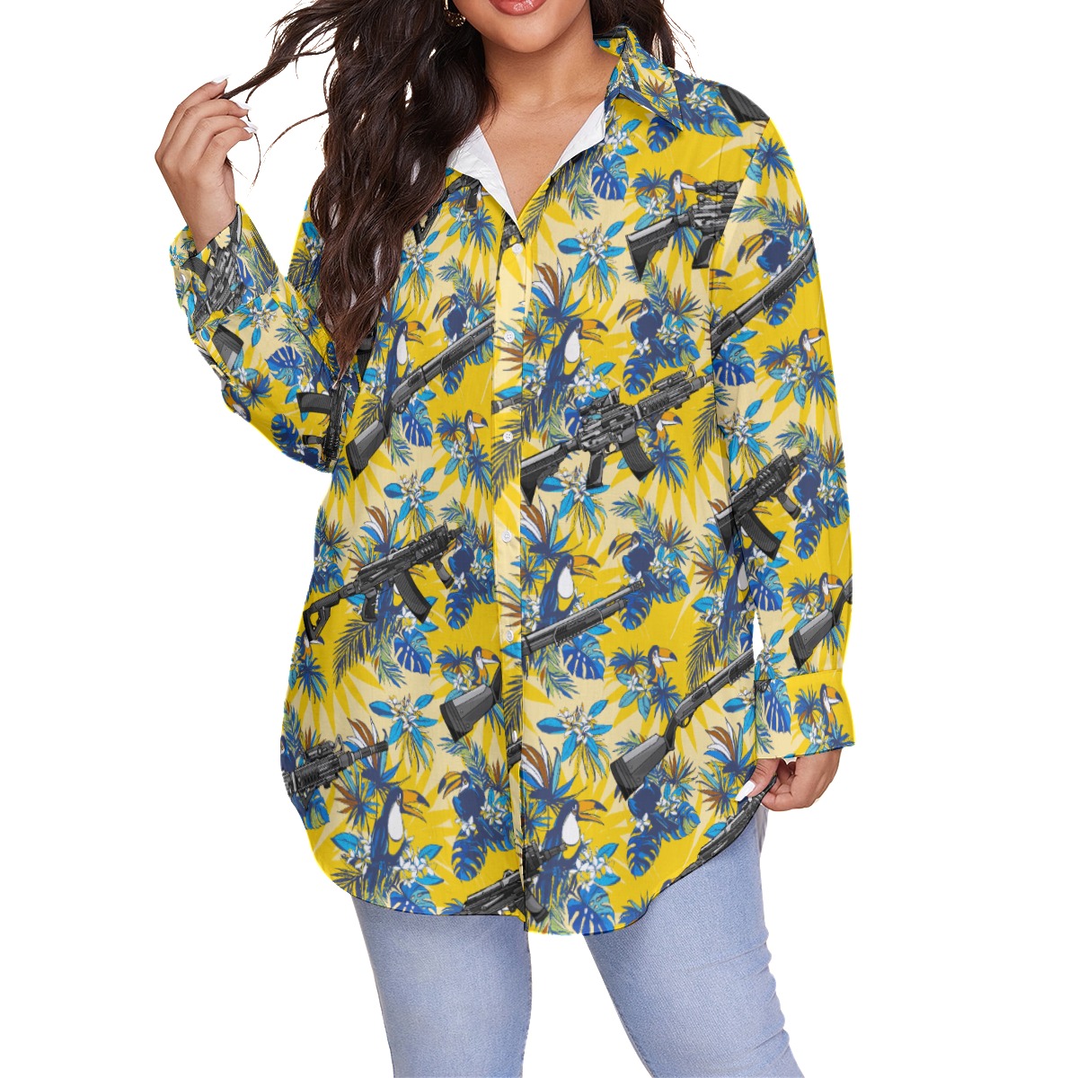 Tropical Toucan Tactical Gun Hawaiian Oversized Shirt For Women - variant image 1