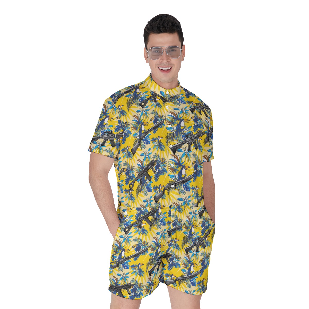 Funny Modern Machine Gun Toucan Floral Men's Hawaiian Romper - variant image 1