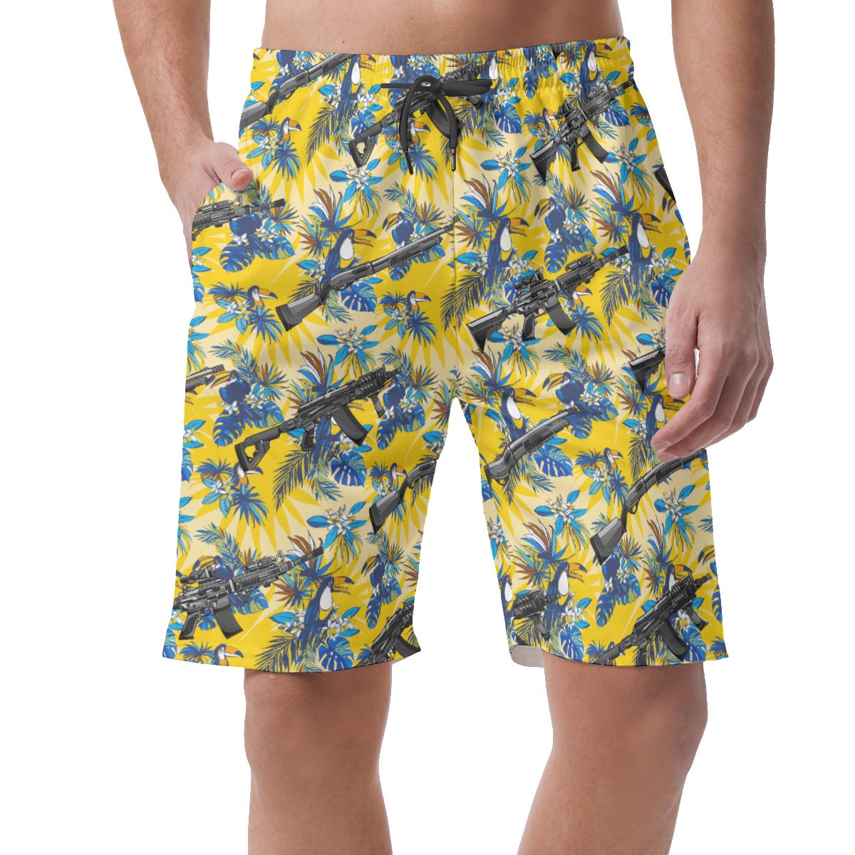 Tactical Toucan Floral Yellow Hawaiian Beach Shorts For Men - variant image 1