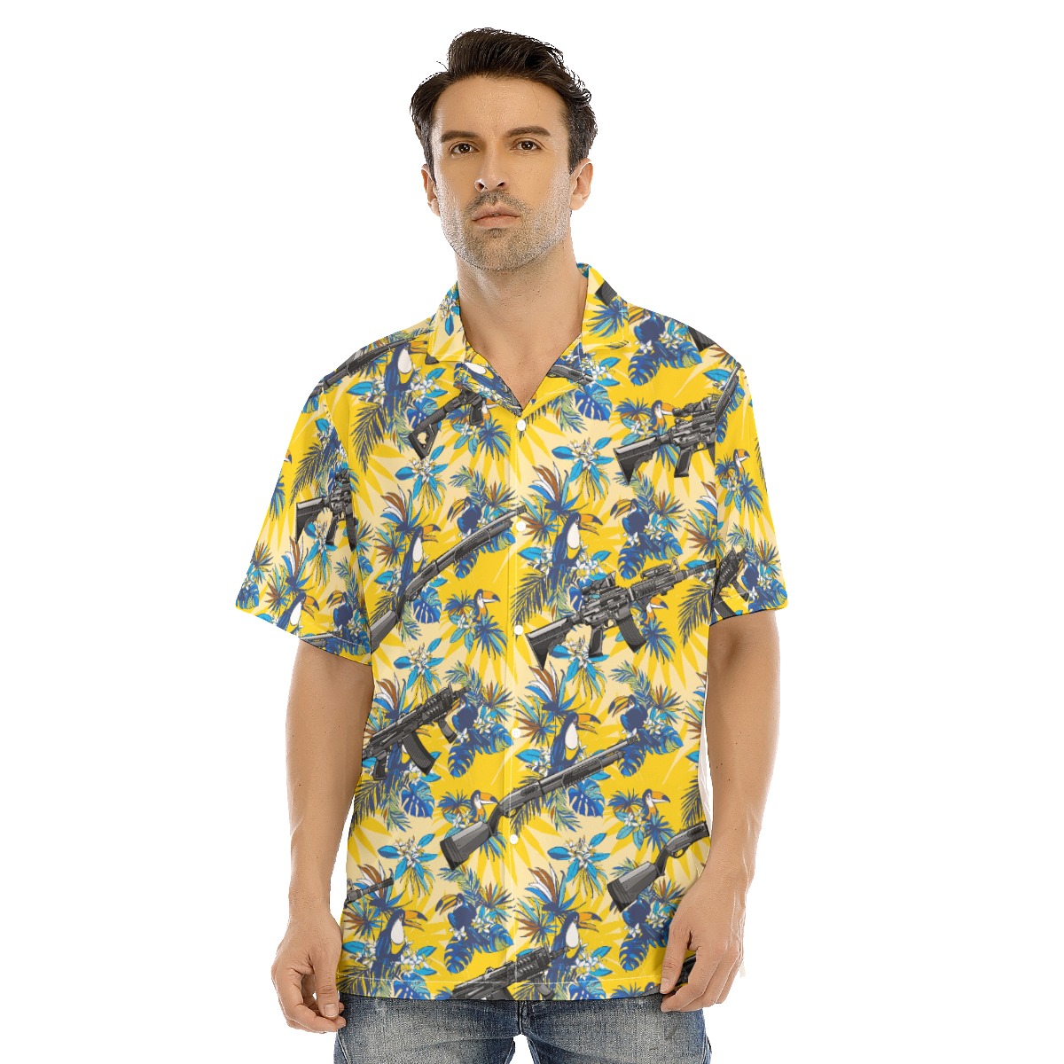 Tactical Machine Gun Toucan Tropical Yellow Hawaiian Shirt - variant image 1