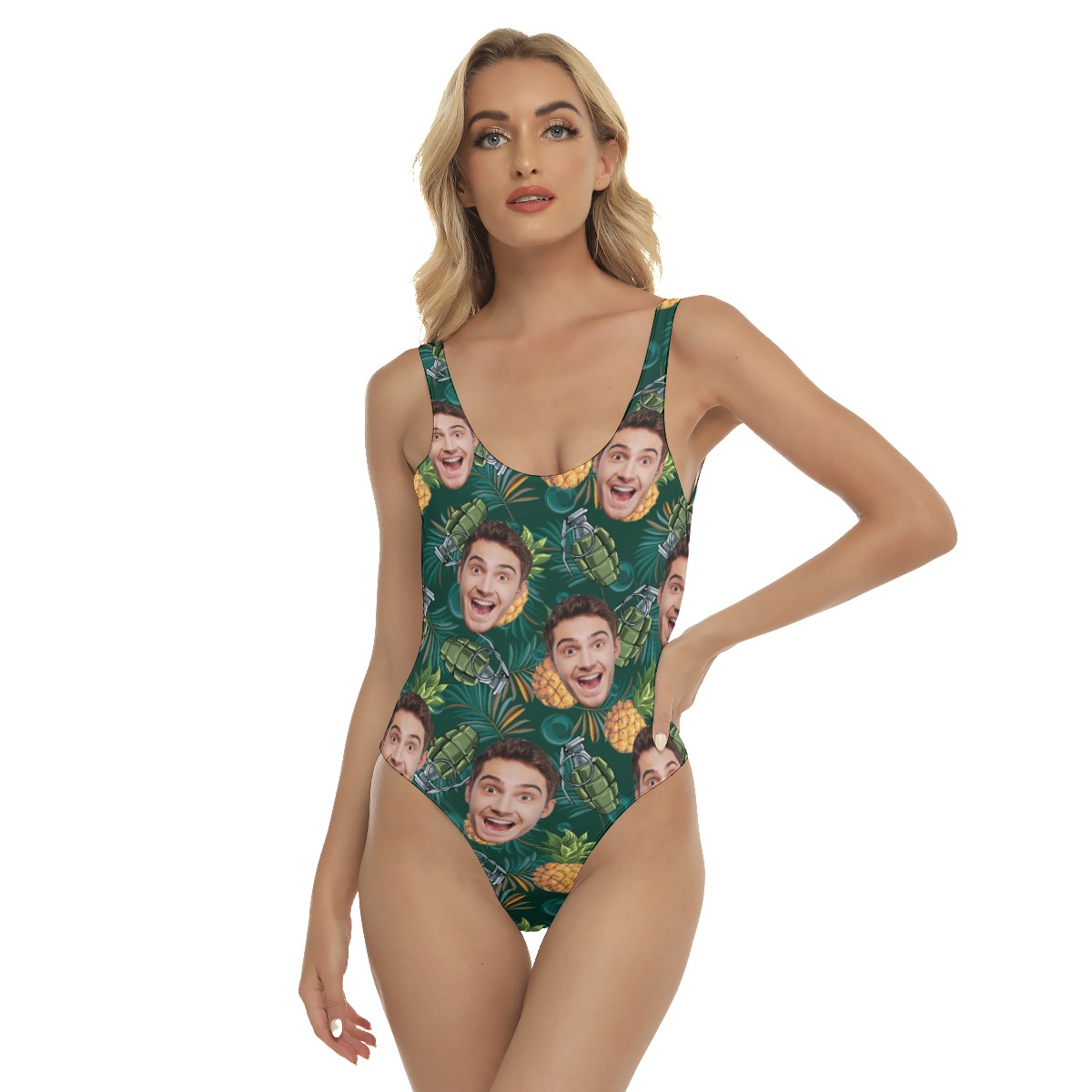 Funny Custom Face Pineapple Tactical Green Hawaiian Swimsuit For Women - variant image 1