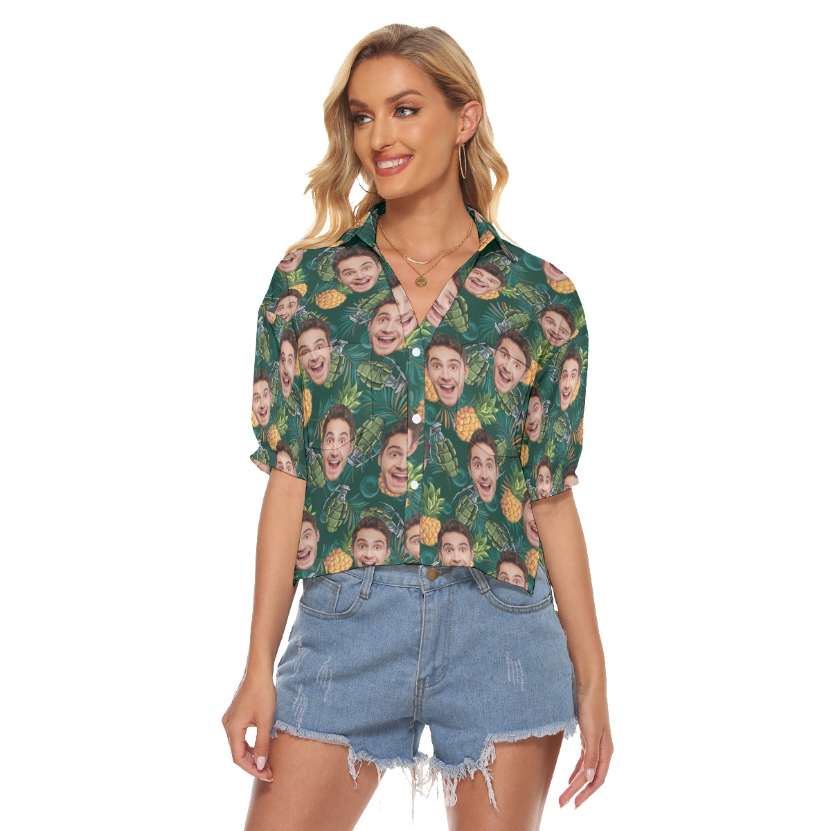 Funny Pineapple Grenade Aloha Crop Top Shirt With Custom Face - variant image 1