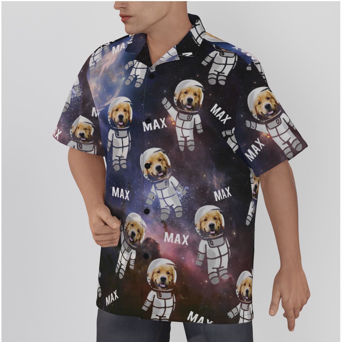 Custom Pet Astronaut Men's Hawaiian Button Up Shirt