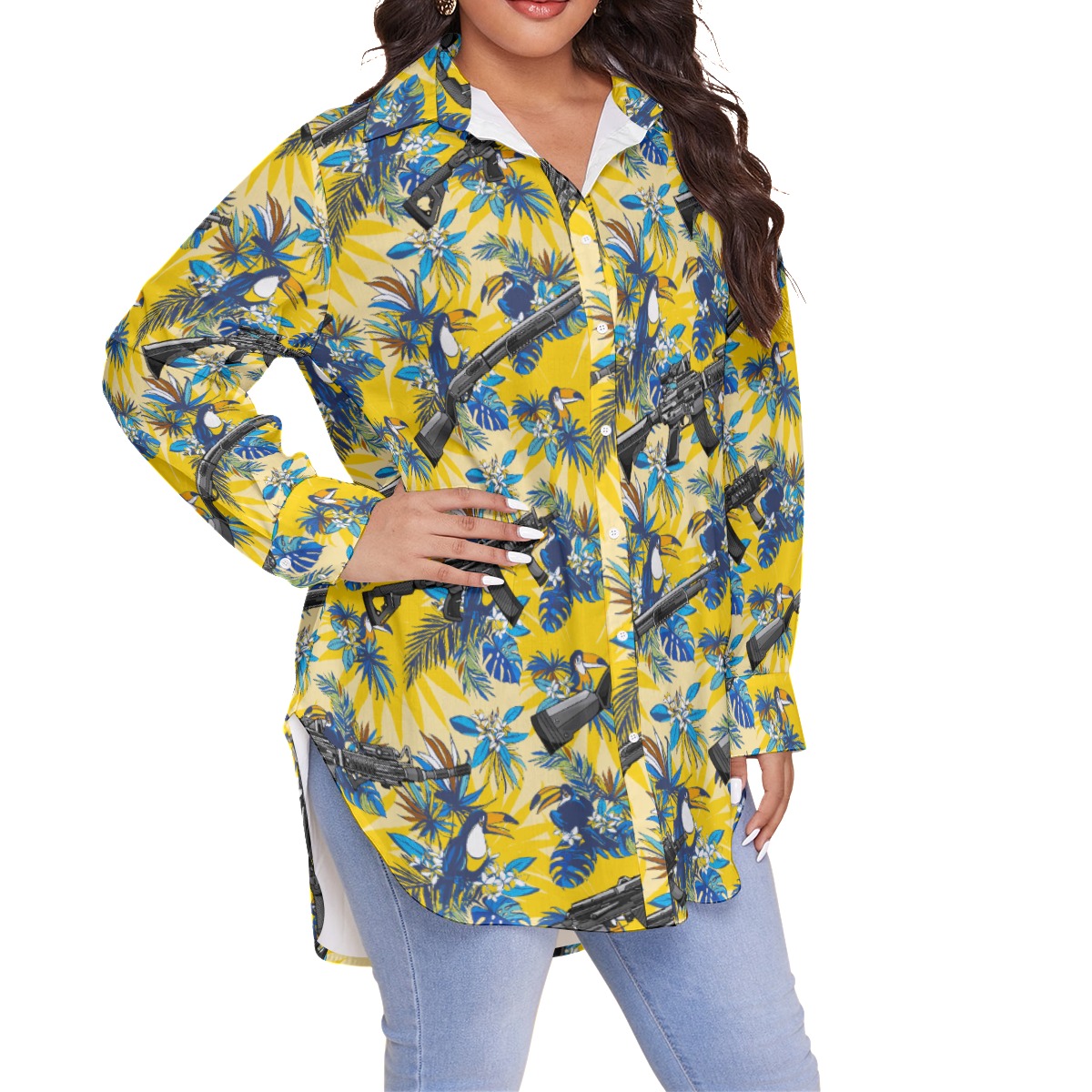 Tropical Toucan Tactical Gun Hawaiian Oversized Shirt For Women