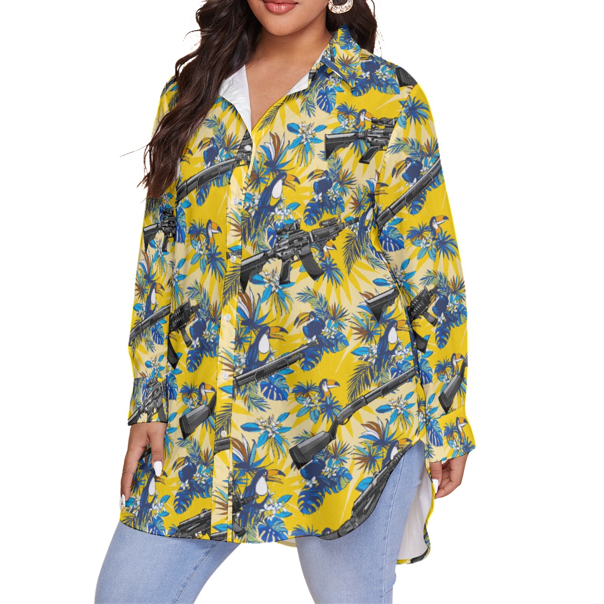 Tropical Toucan Tactical Gun Hawaiian Oversized Shirt For Women