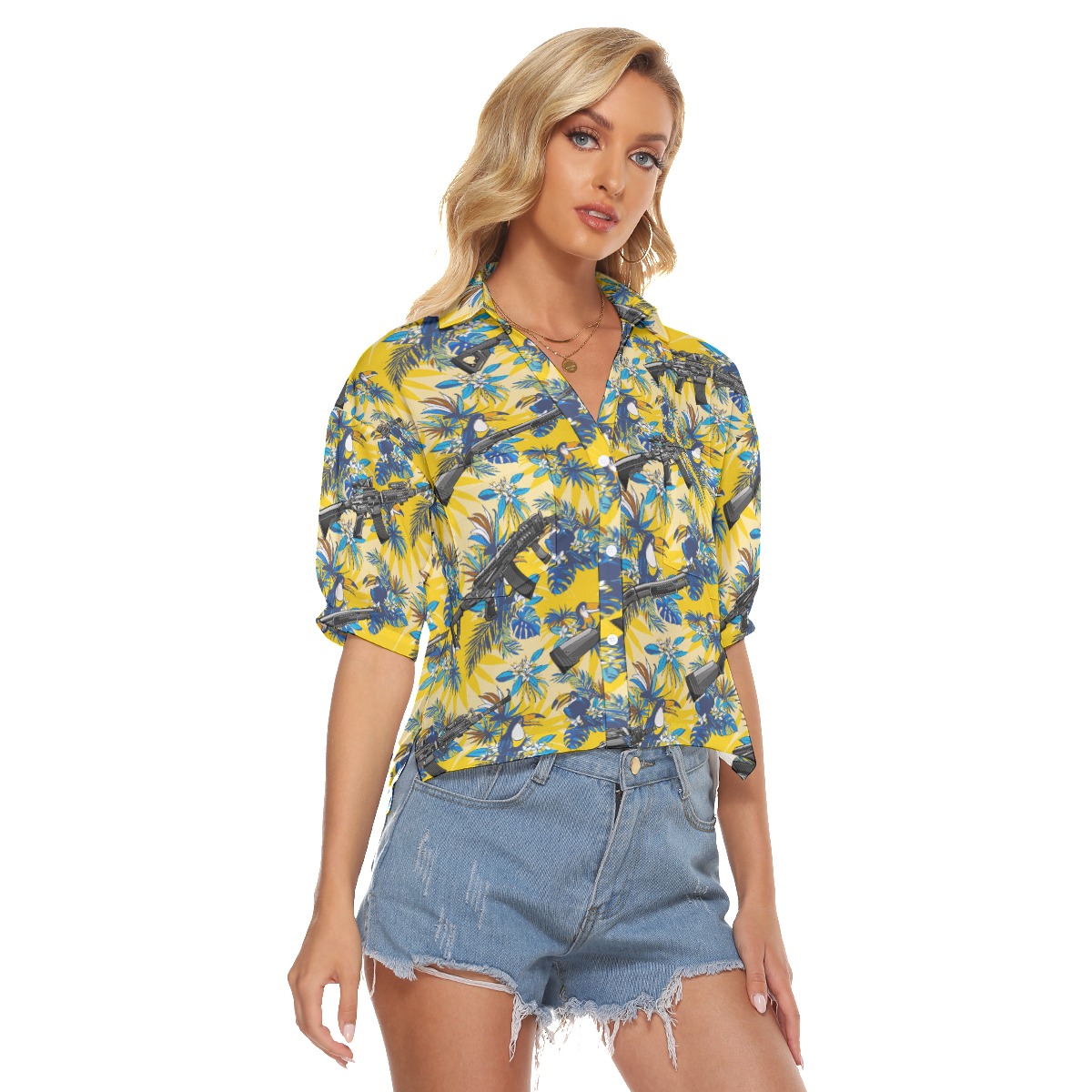 Tropical Toucan Tactical Machine Gun Yellow Aloha Cropped Shirt
