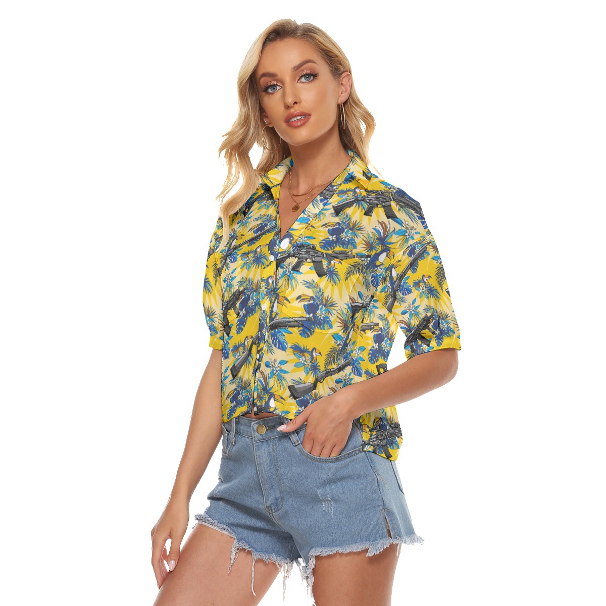 Tropical Toucan Tactical Machine Gun Yellow Aloha Cropped Shirt