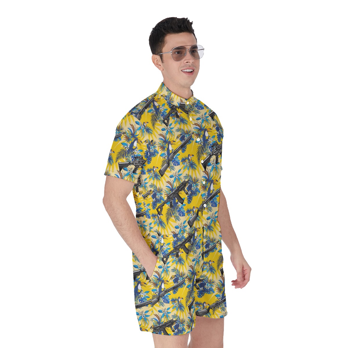 Funny Modern Machine Gun Toucan Floral Men's Hawaiian Romper