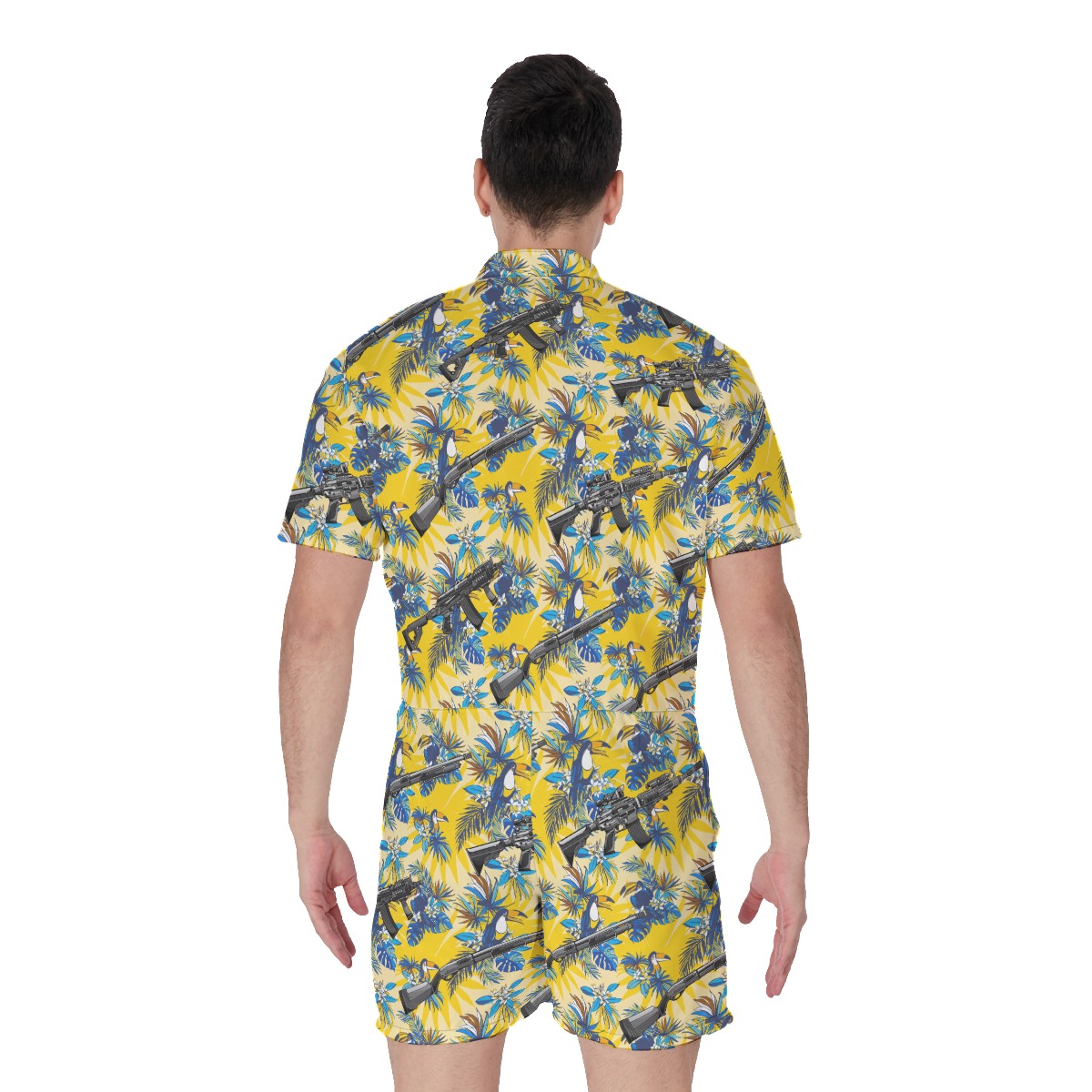 Funny Modern Machine Gun Toucan Floral Men's Hawaiian Romper