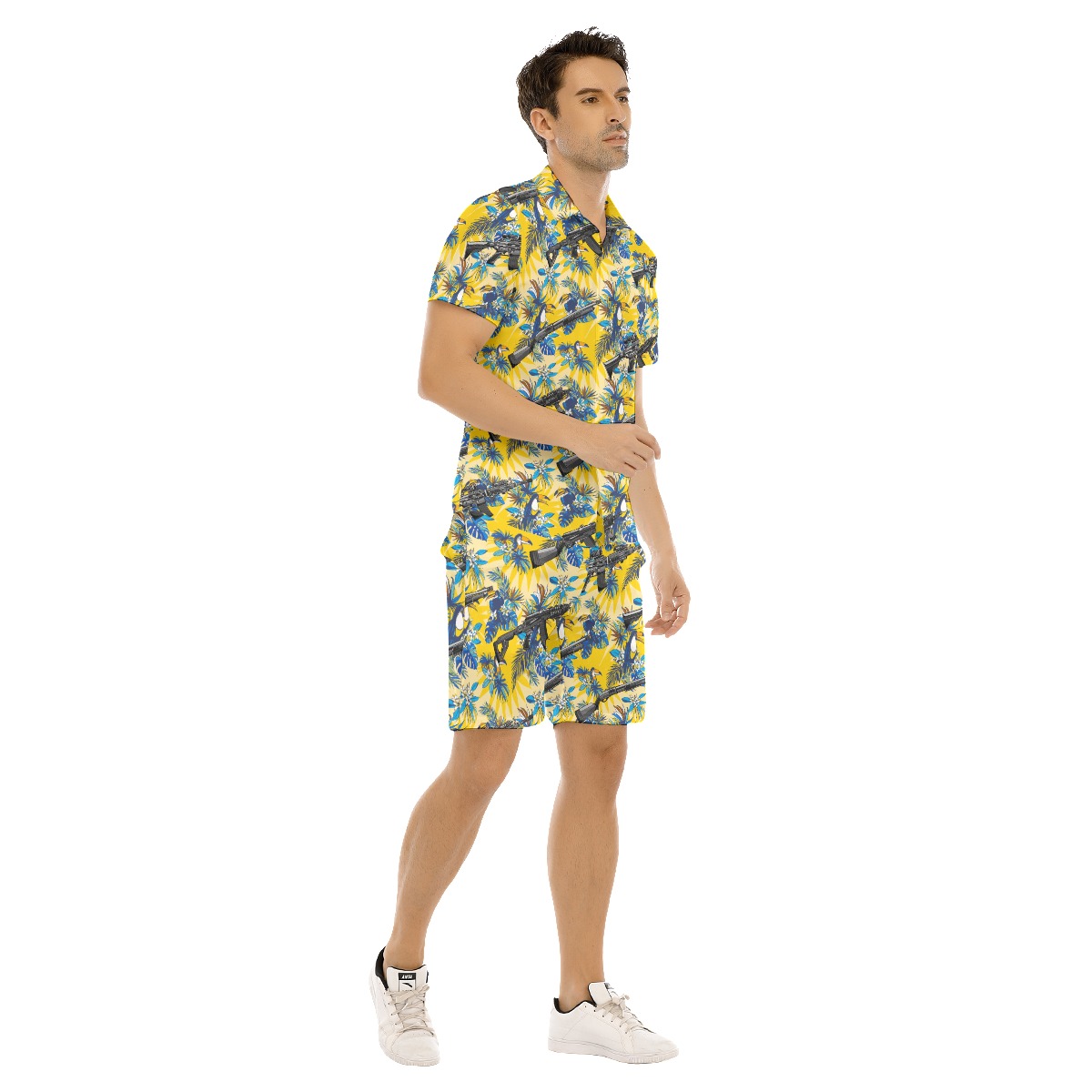 Set Floral Toucan Tactical Yellow Hawaiian Shirt And Shorts For Men