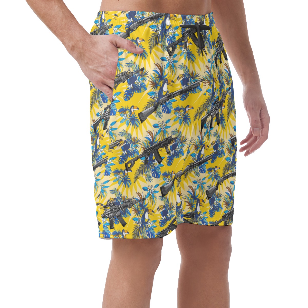Tactical Toucan Floral Yellow Hawaiian Beach Shorts For Men