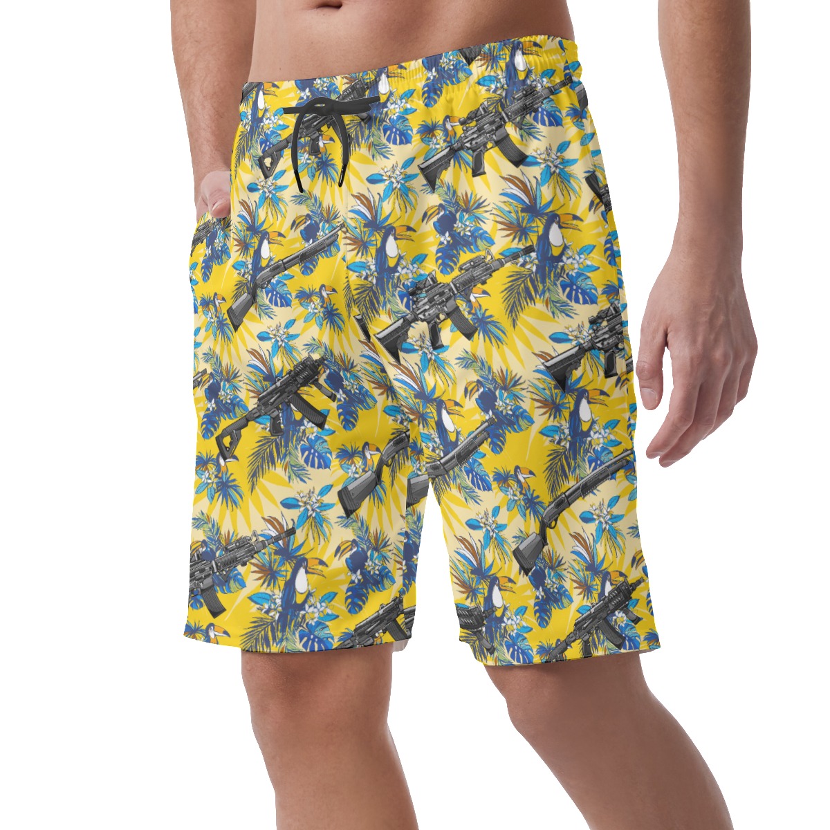 Tactical Toucan Floral Yellow Hawaiian Beach Shorts For Men