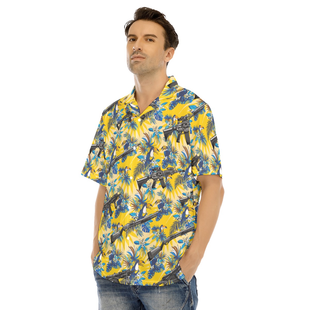 Tactical Machine Gun Toucan Tropical Yellow Hawaiian Shirt