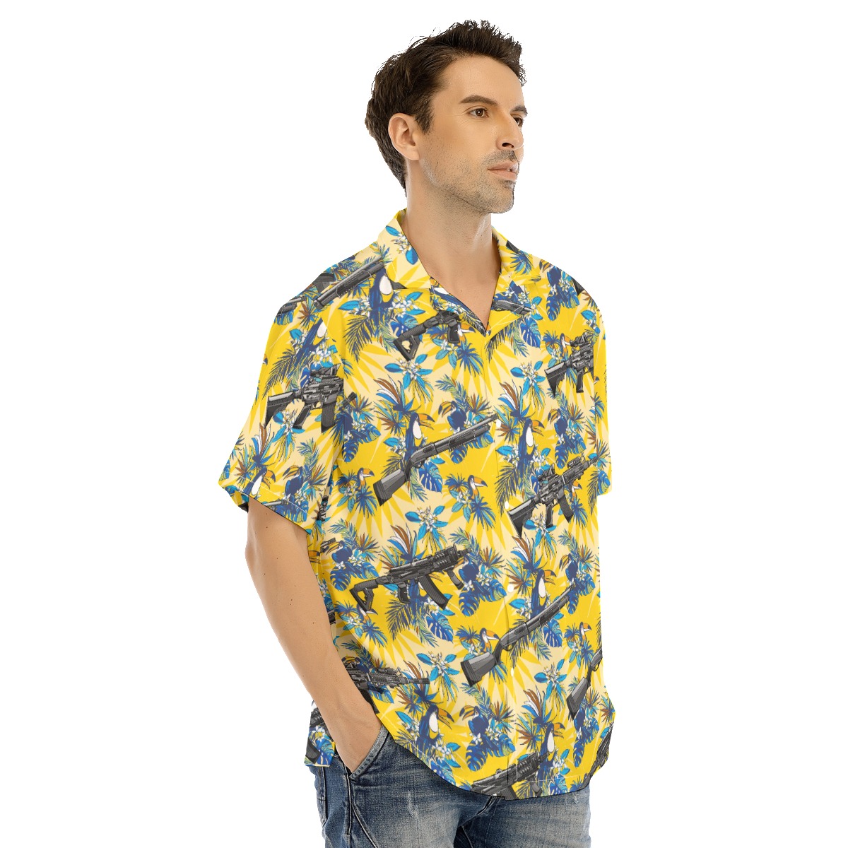 Tactical Machine Gun Toucan Tropical Yellow Hawaiian Shirt