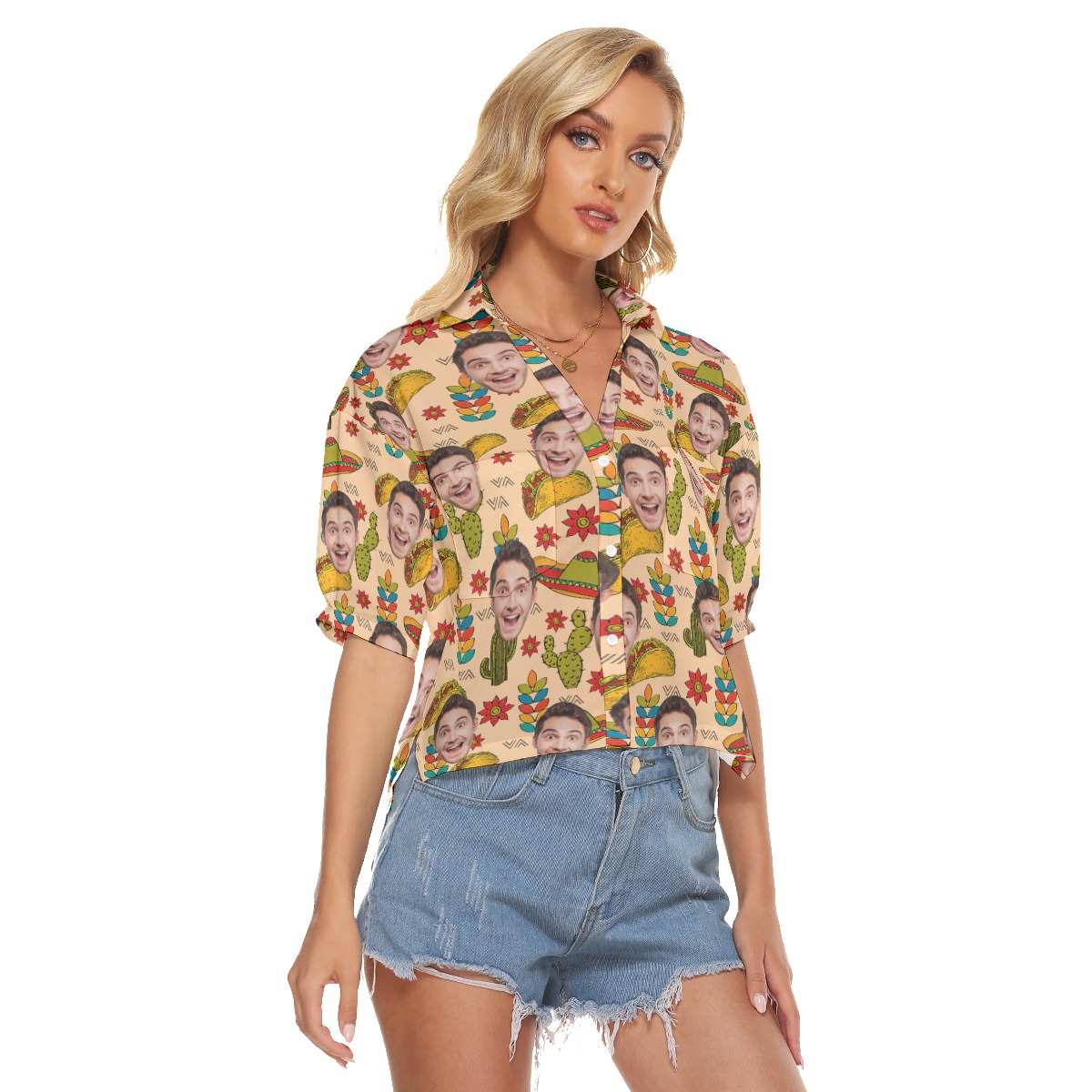Funny Custom Face Vintage Taco Aloha V-Neck Shirt