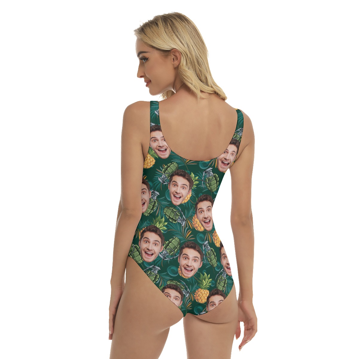 Funny Custom Face Pineapple Tactical Green Hawaiian Swimsuit For Women