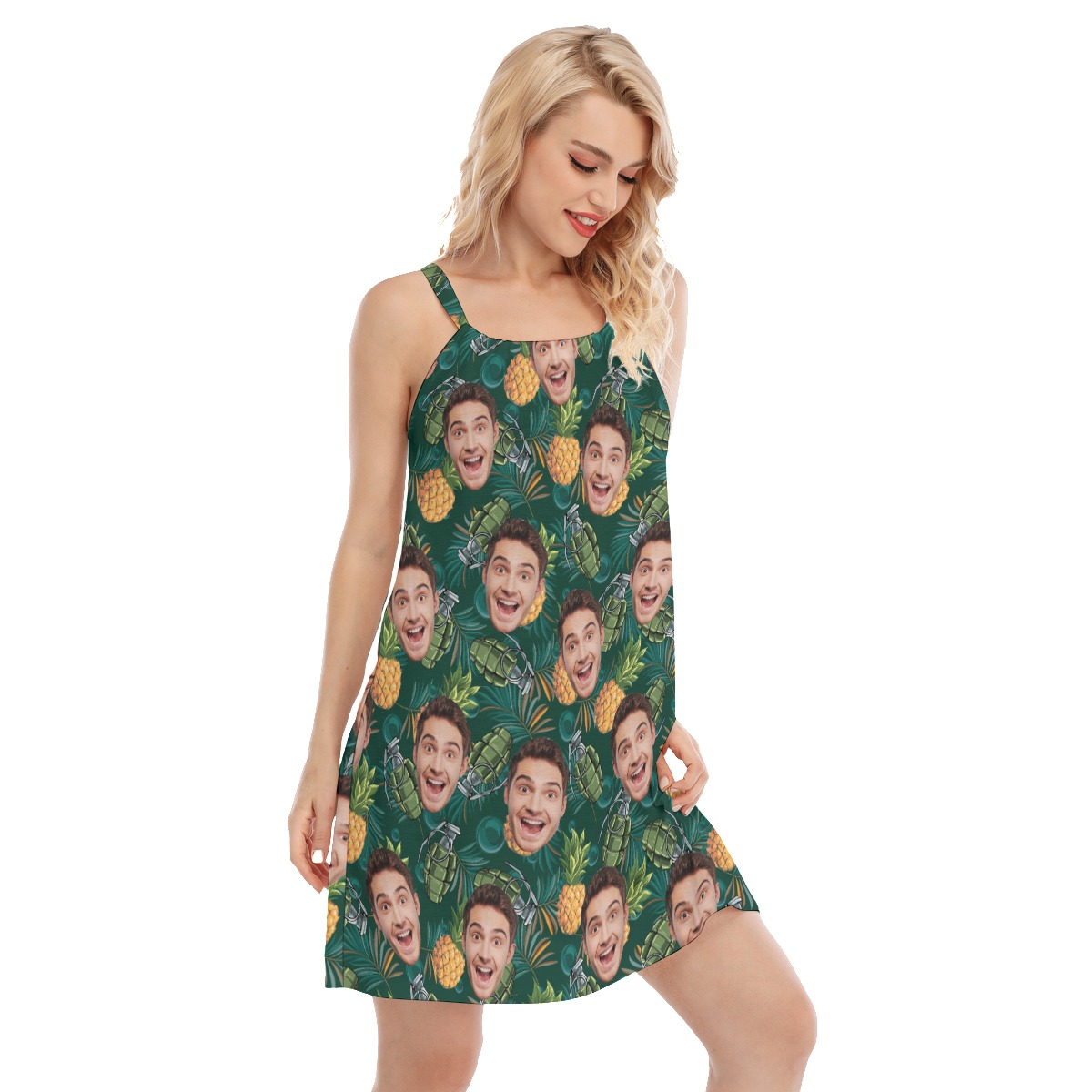 Custom Face Pineapple Tactical Hawaiian Cami Dress For Women